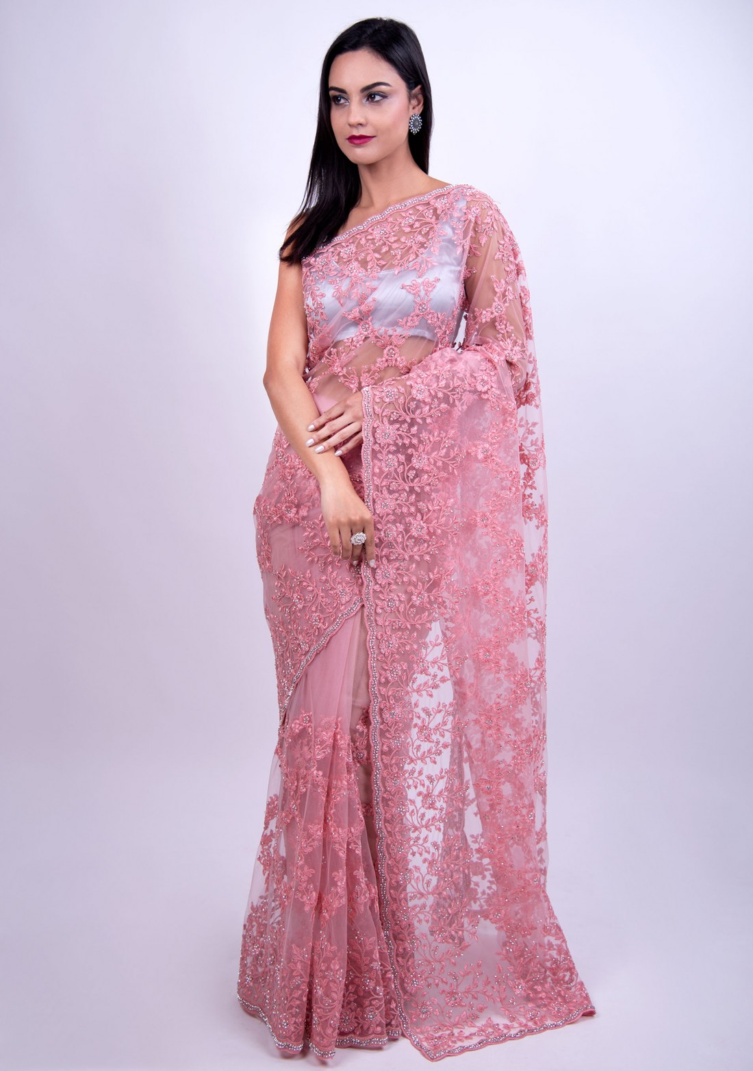 Pastel Pink Embroidered Net Saree