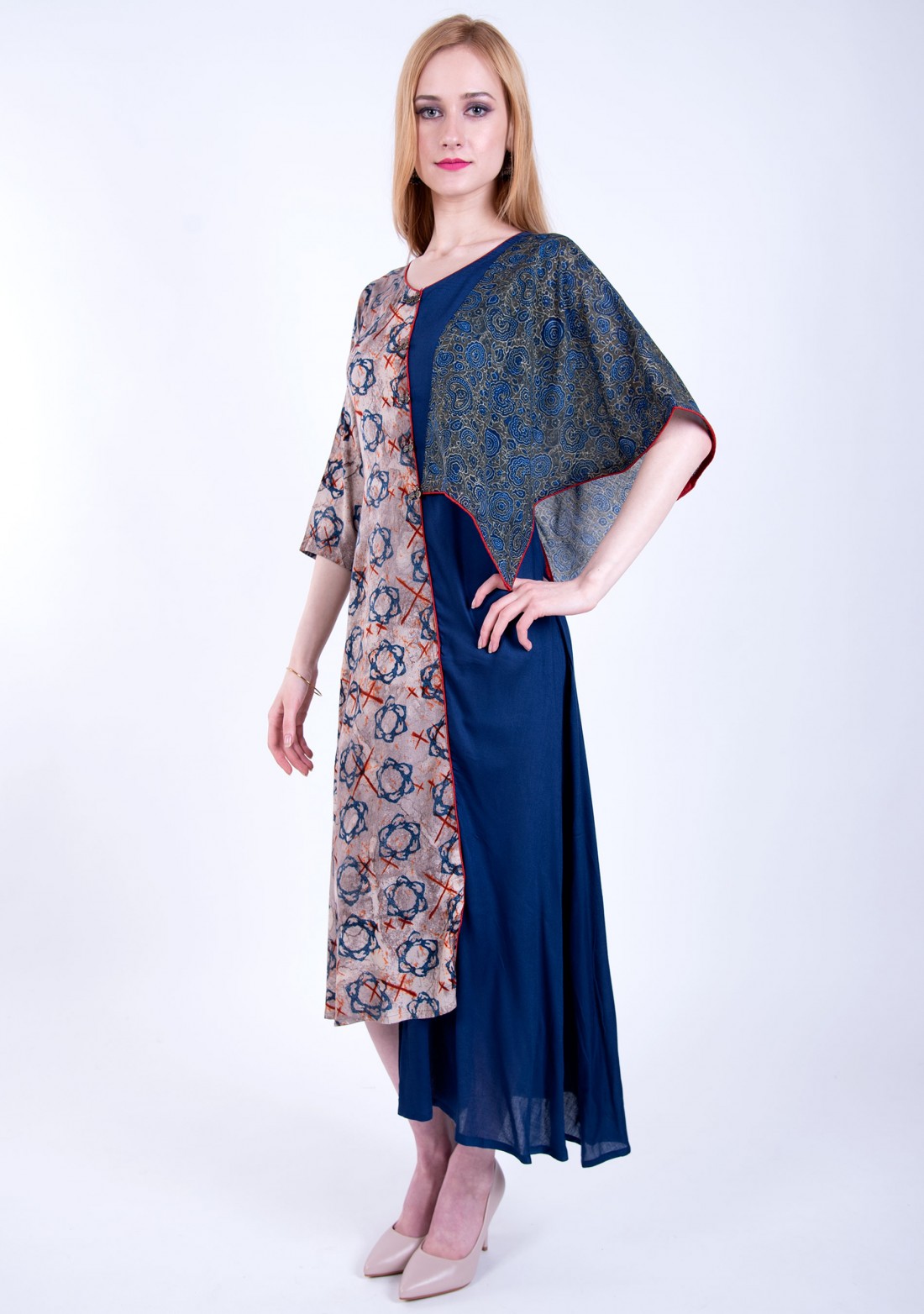 Royal Blue Asymmetrical A-line Printed Rayon Long Dress