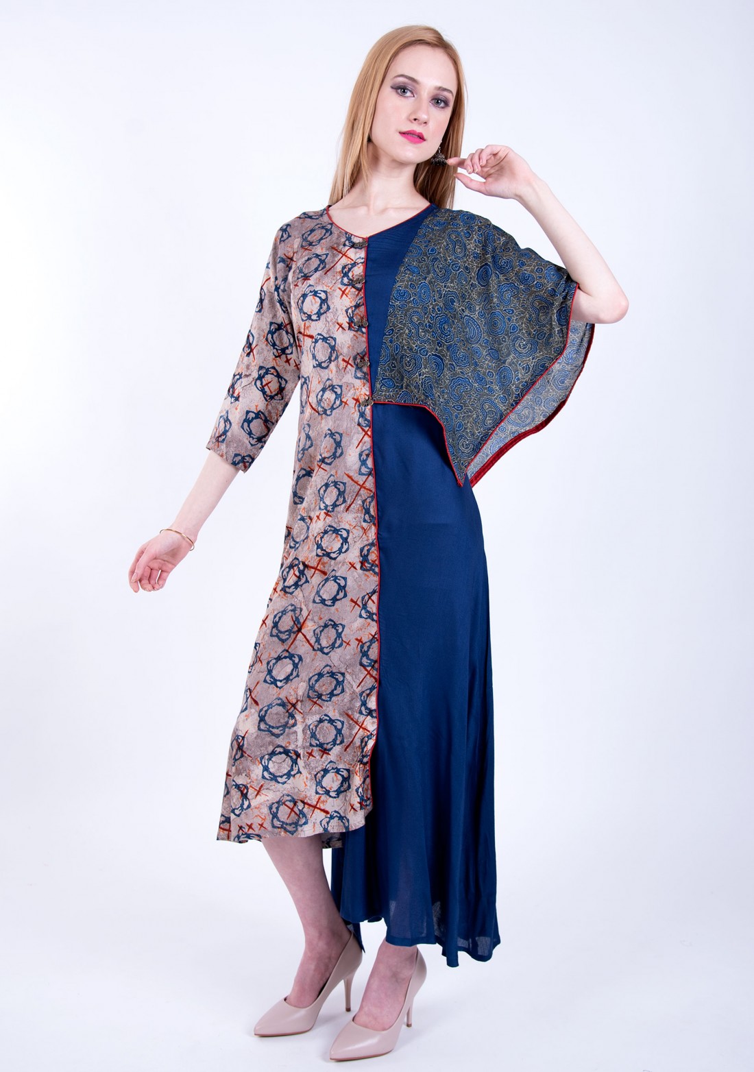 Royal Blue Asymmetrical A-line Printed Rayon Long Dress