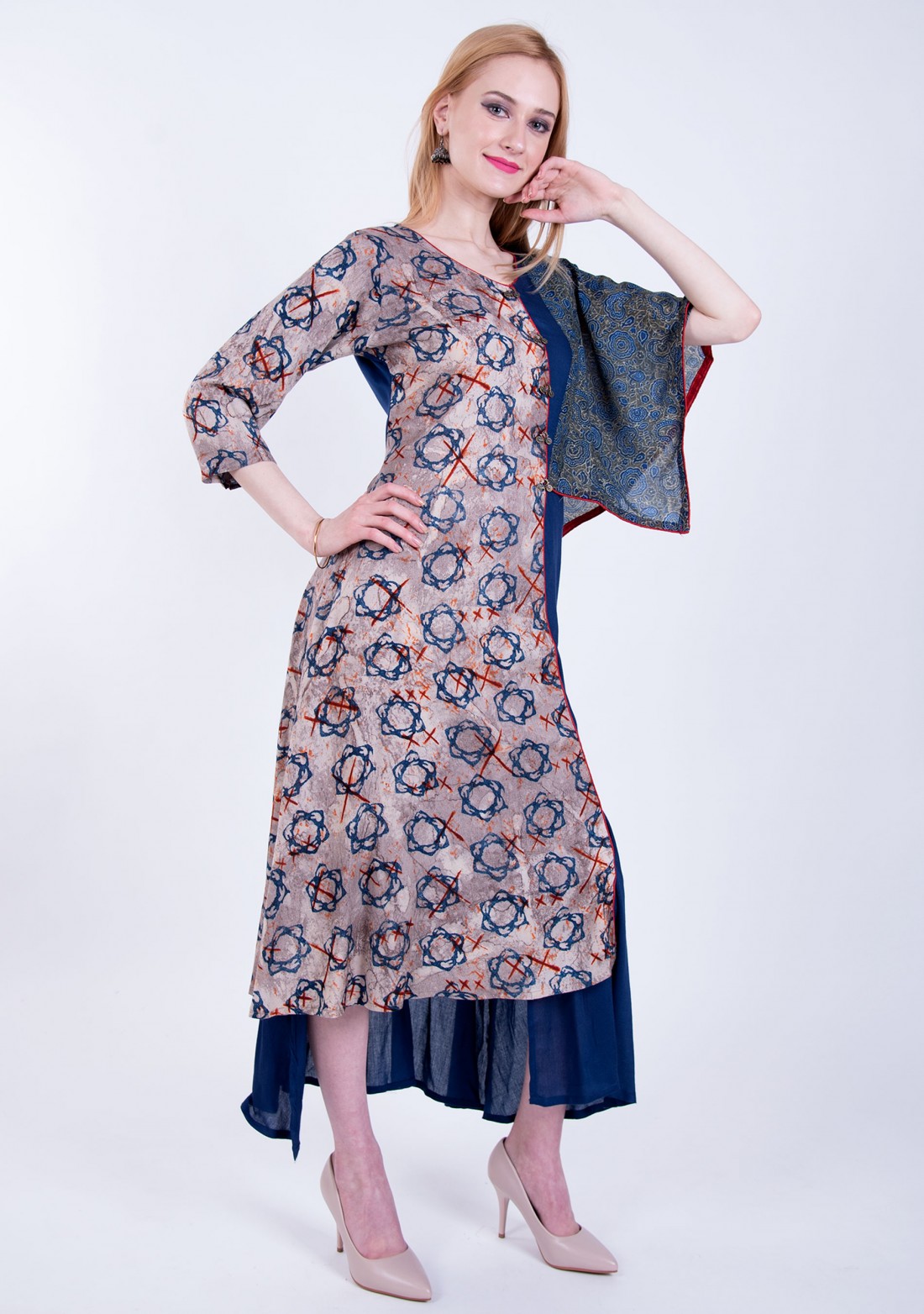 Royal Blue Asymmetrical A-line Printed Rayon Long Dress