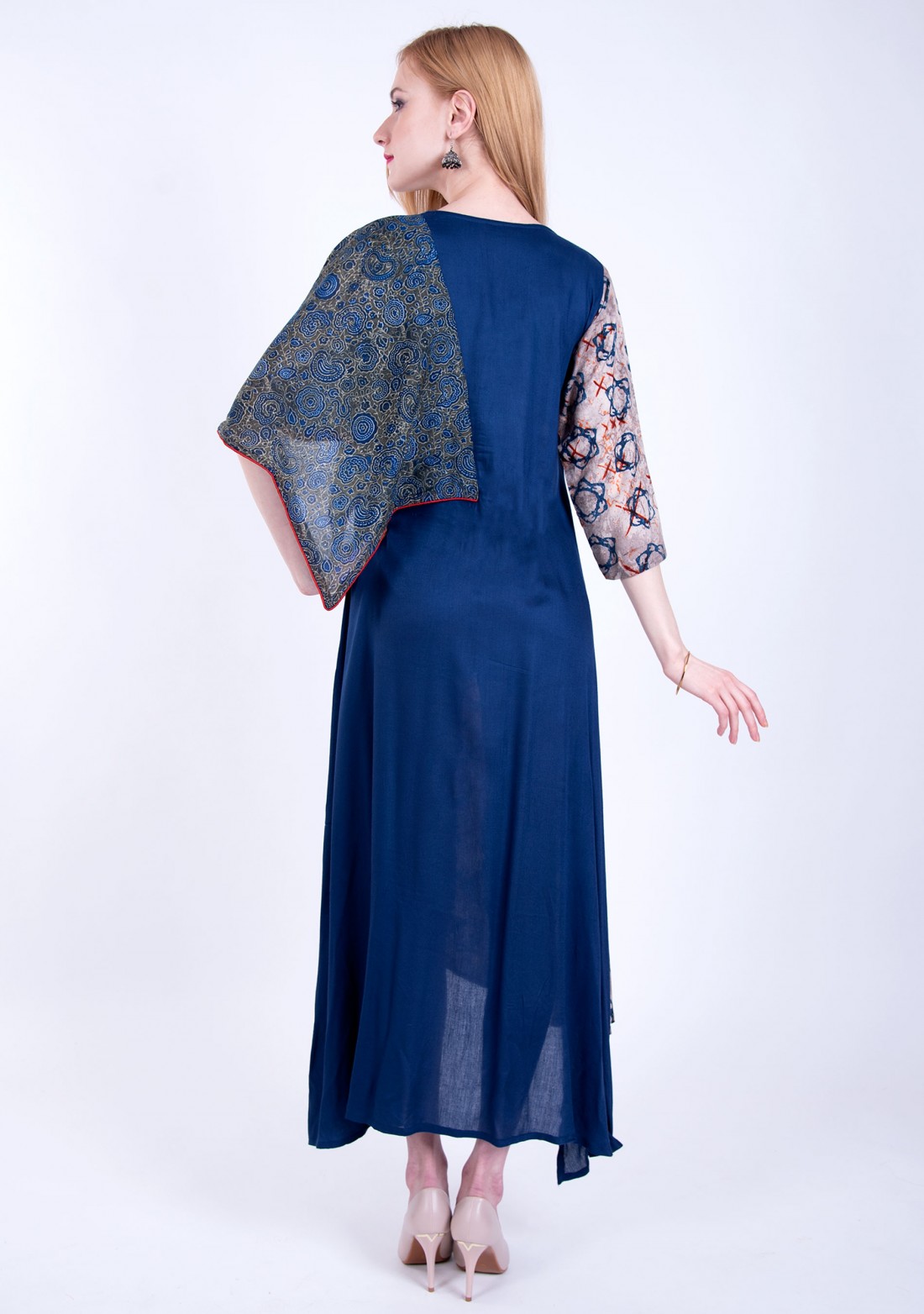 Royal Blue Asymmetrical A-line Printed Rayon Long Dress