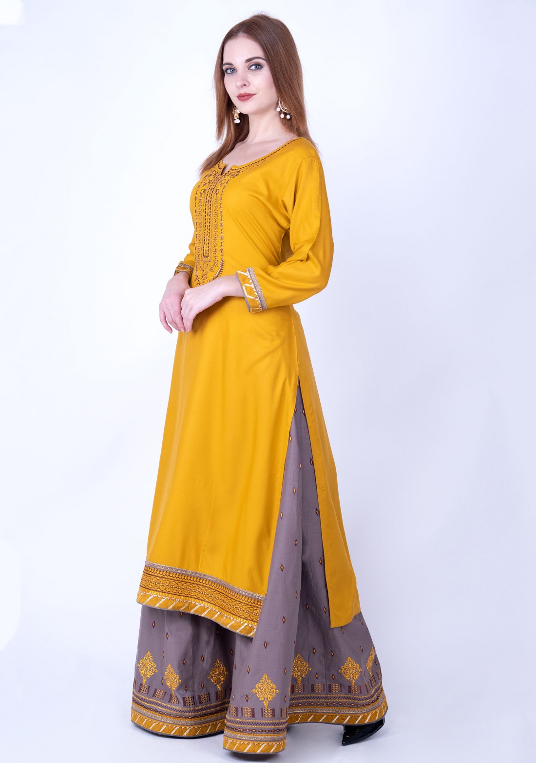 Mustard yellow and Grey Rayon Embroidered Kurta Skirt Set