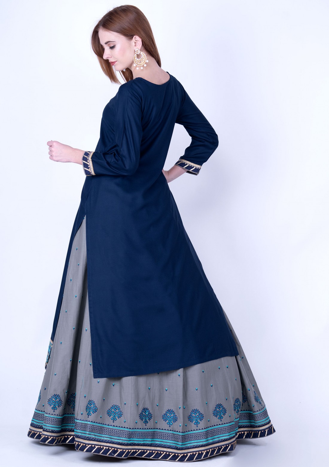 Navy Blue and Grey Rayon Embroidered Kurta Skirt Set