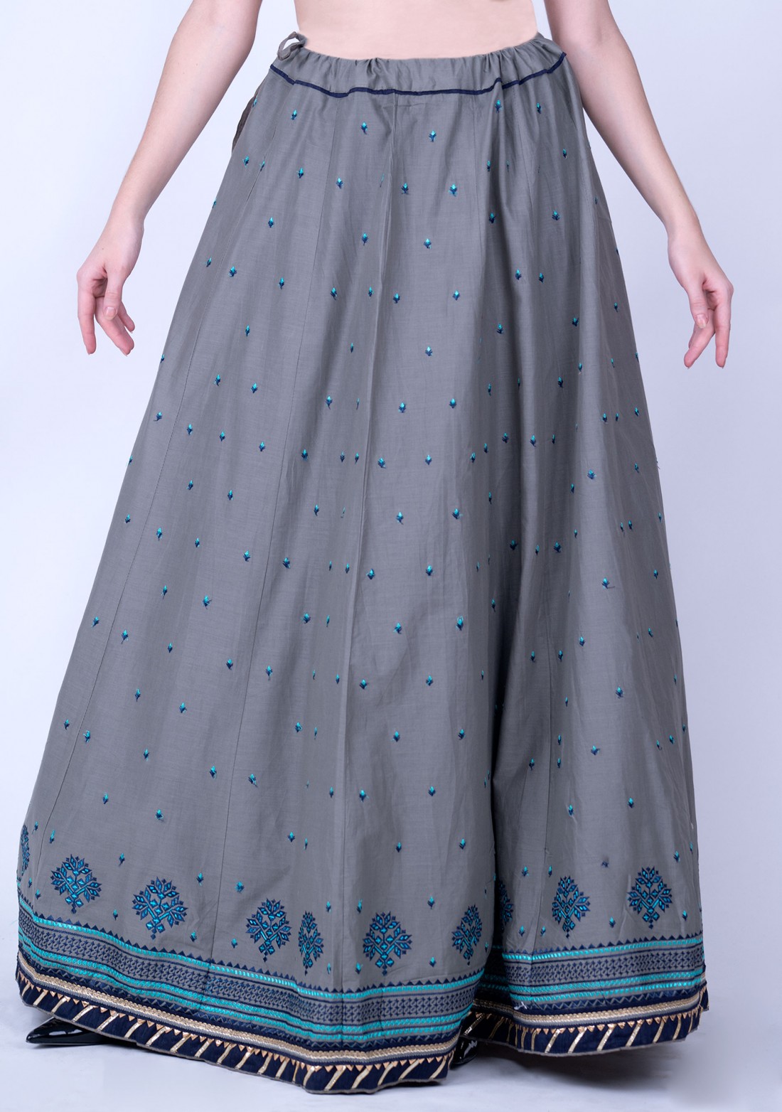 Navy Blue and Grey Rayon Embroidered Kurta Skirt Set