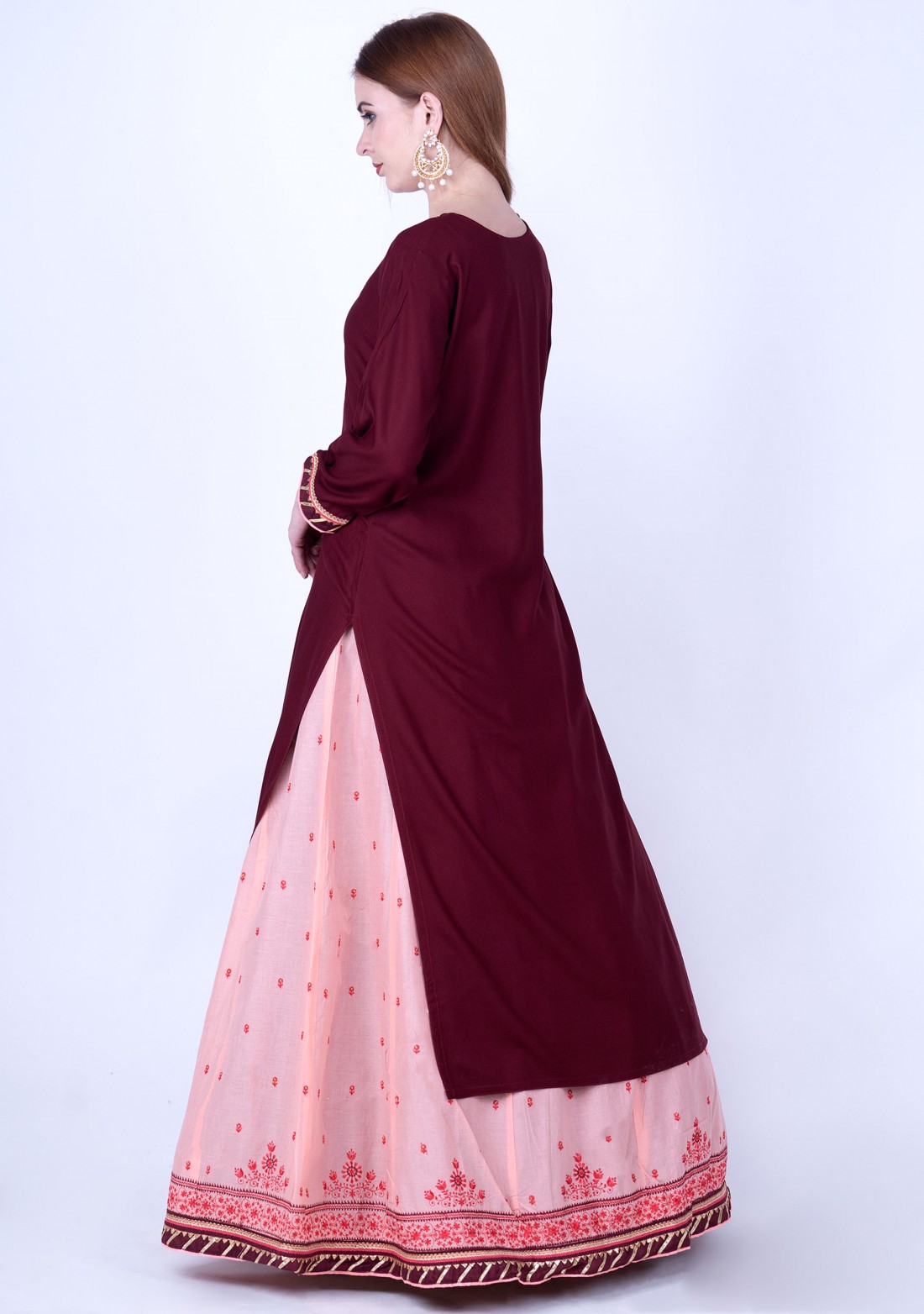 Red Wine and Light Salmon Rayon Embroidered Kurta Skirt Set