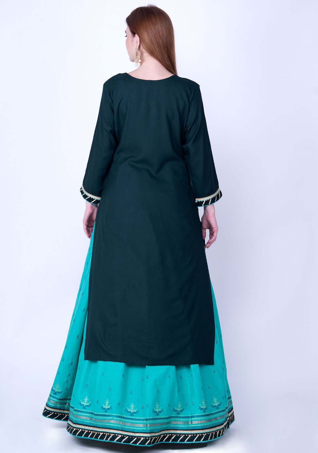 Dark Jade Green and Mint Green Rayon Embroidered Kurta Skirt Set