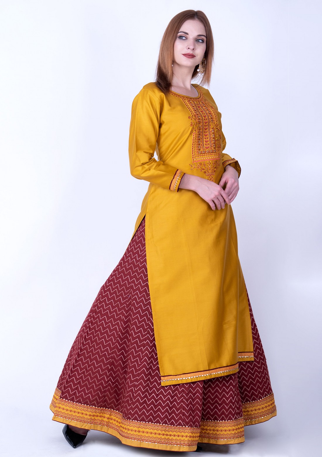 Mustard Yellow and Maroon Silk Embroidered Kurta Skirt Set
