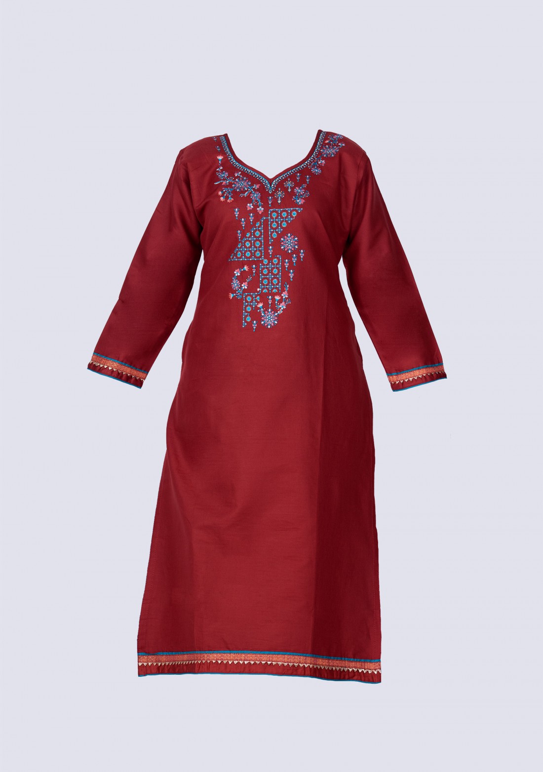 Red and Deep Sky Blue Silk Embroidered Kurta Skirt Set