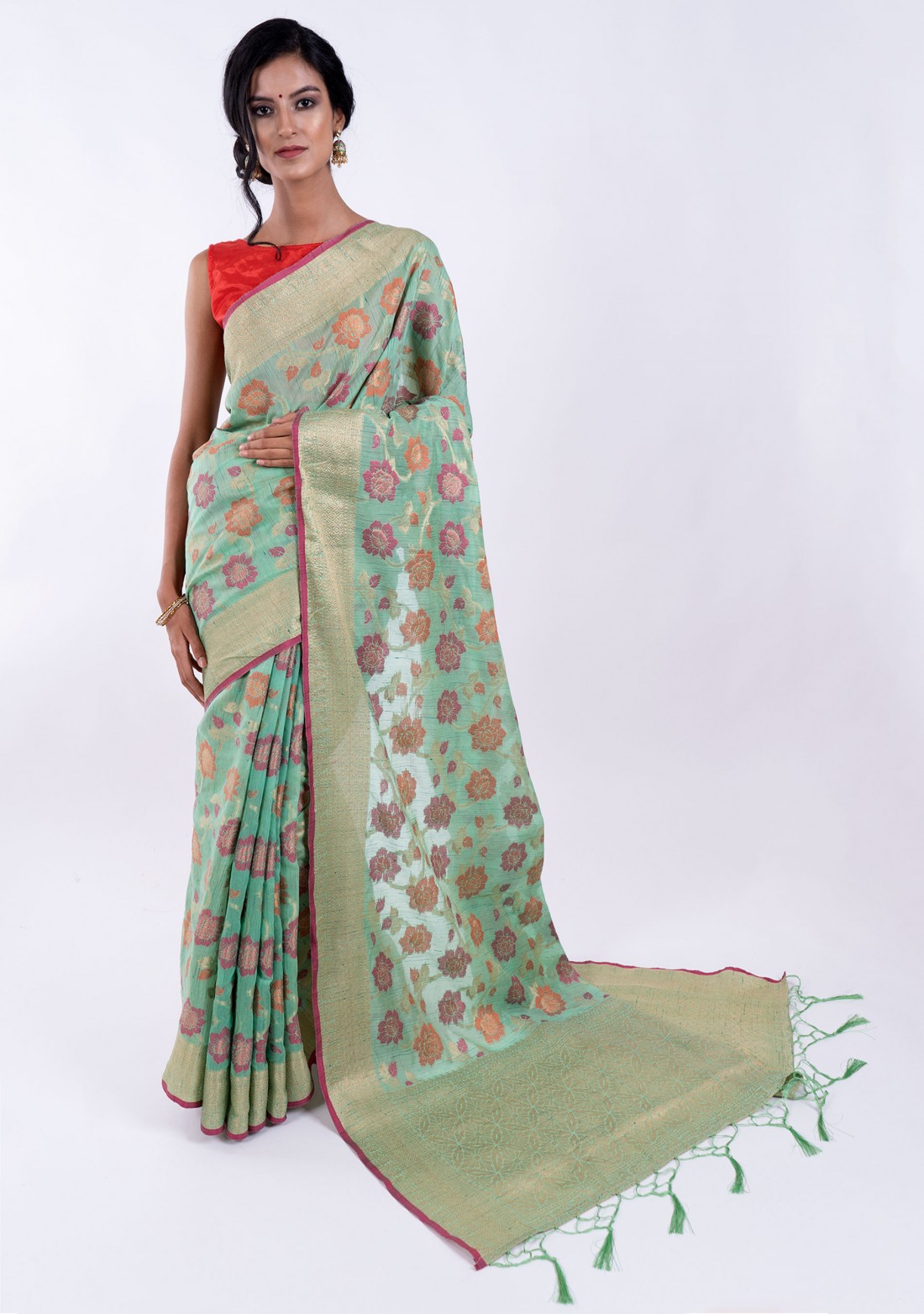 Banarasi Cotton Silk Sea Green Saree with Multicolor Resham Floral Zaal & Zari Border