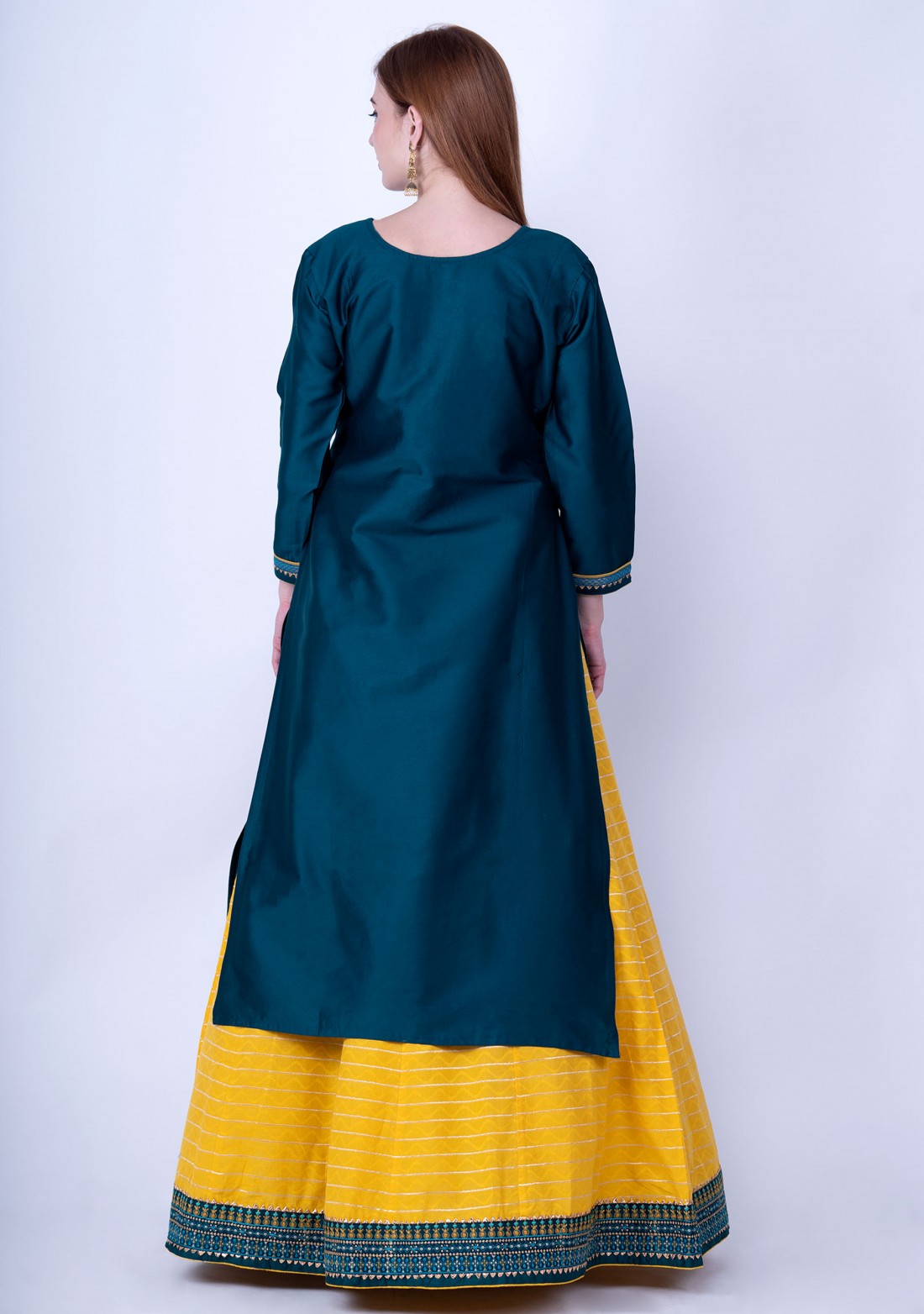 Prussian Blue And Saffron Yellow Silk Embroidered Kurta Skirt Set