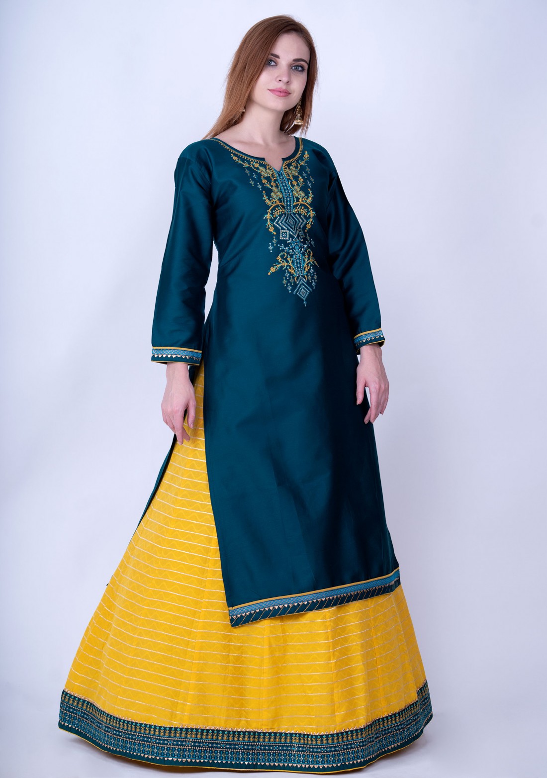 Prussian Blue And Saffron Yellow Silk Embroidered Kurta Skirt Set