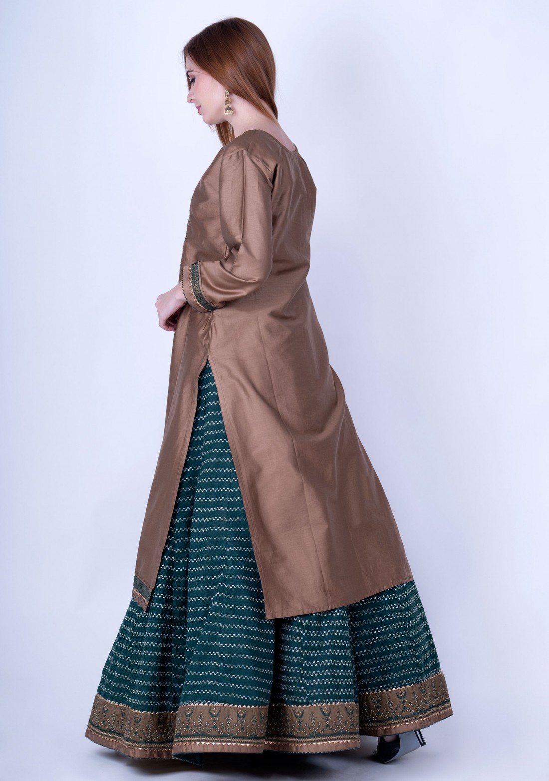 Taupe Brown and Dark Peacock Green Silk Embroidered Kurta Skirt Set