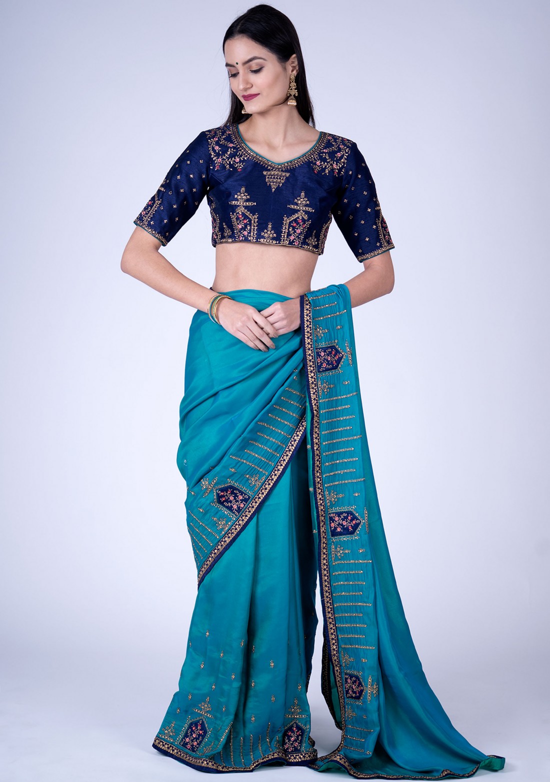 Blue Self Textured Silk Saree with Embroidered Border