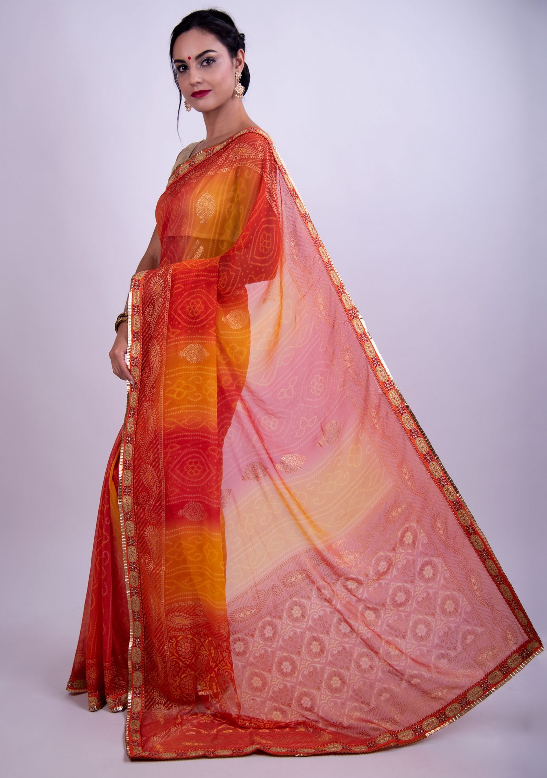 Coral and Yellow Bandhej Foil Printed Georgette Saree