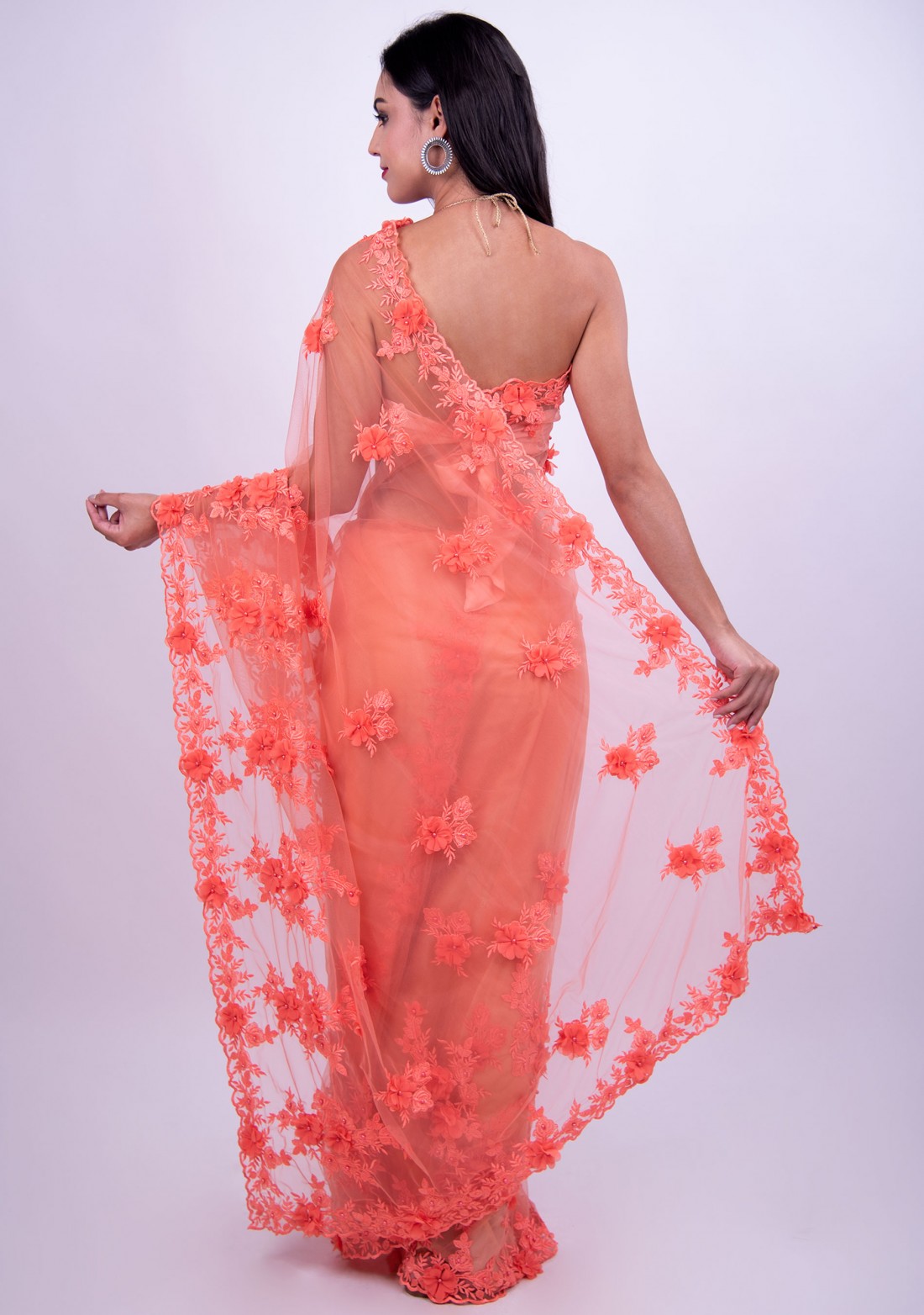 Applique Work Coral Embroidered Net Saree