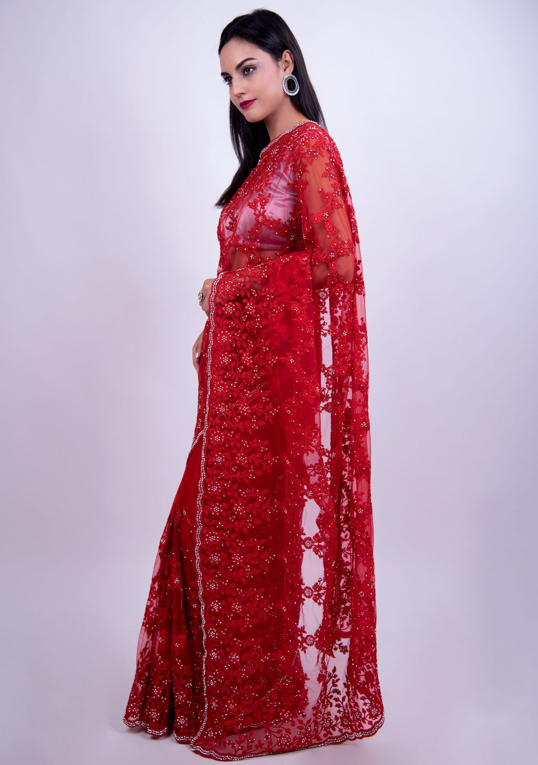 Scarlet Red Embroidered Net Saree