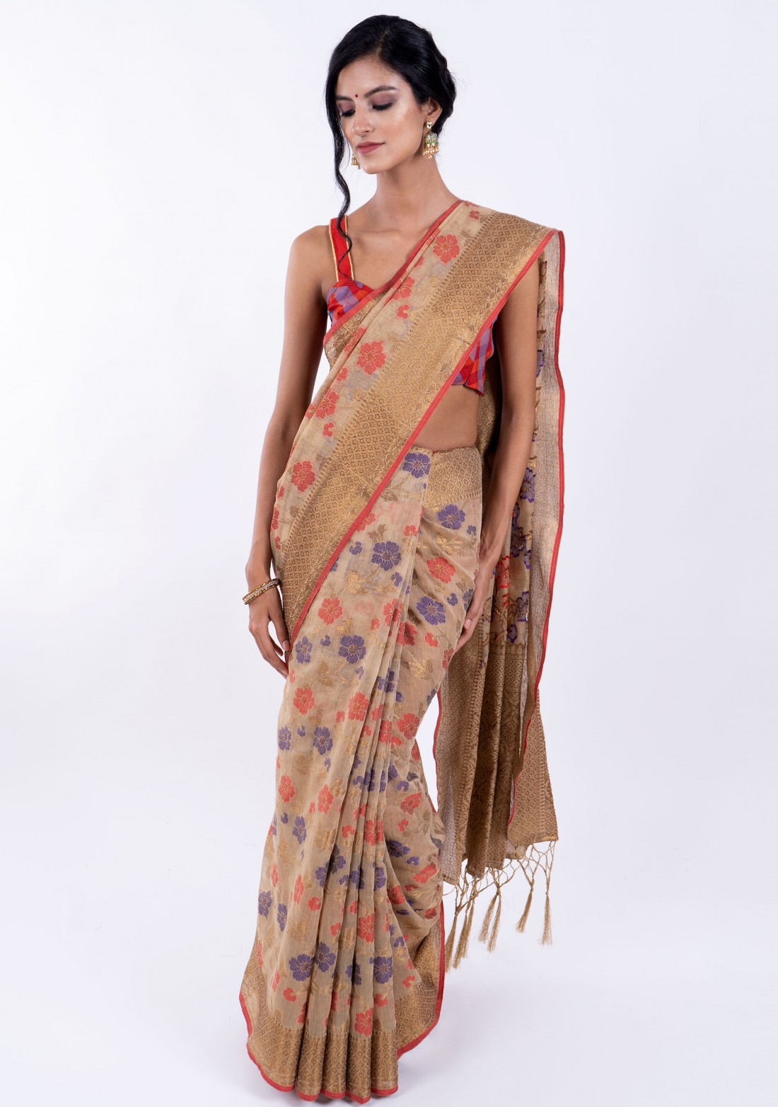 Banarasi Cotton Silk Beige Saree with Multicolor Resham Floral Zaal & Zari Border