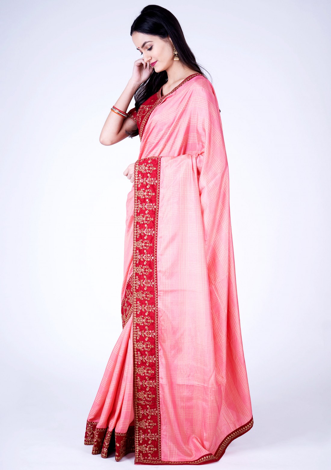 Salmon Pink Self Textured Silk Saree with Embroidered Border