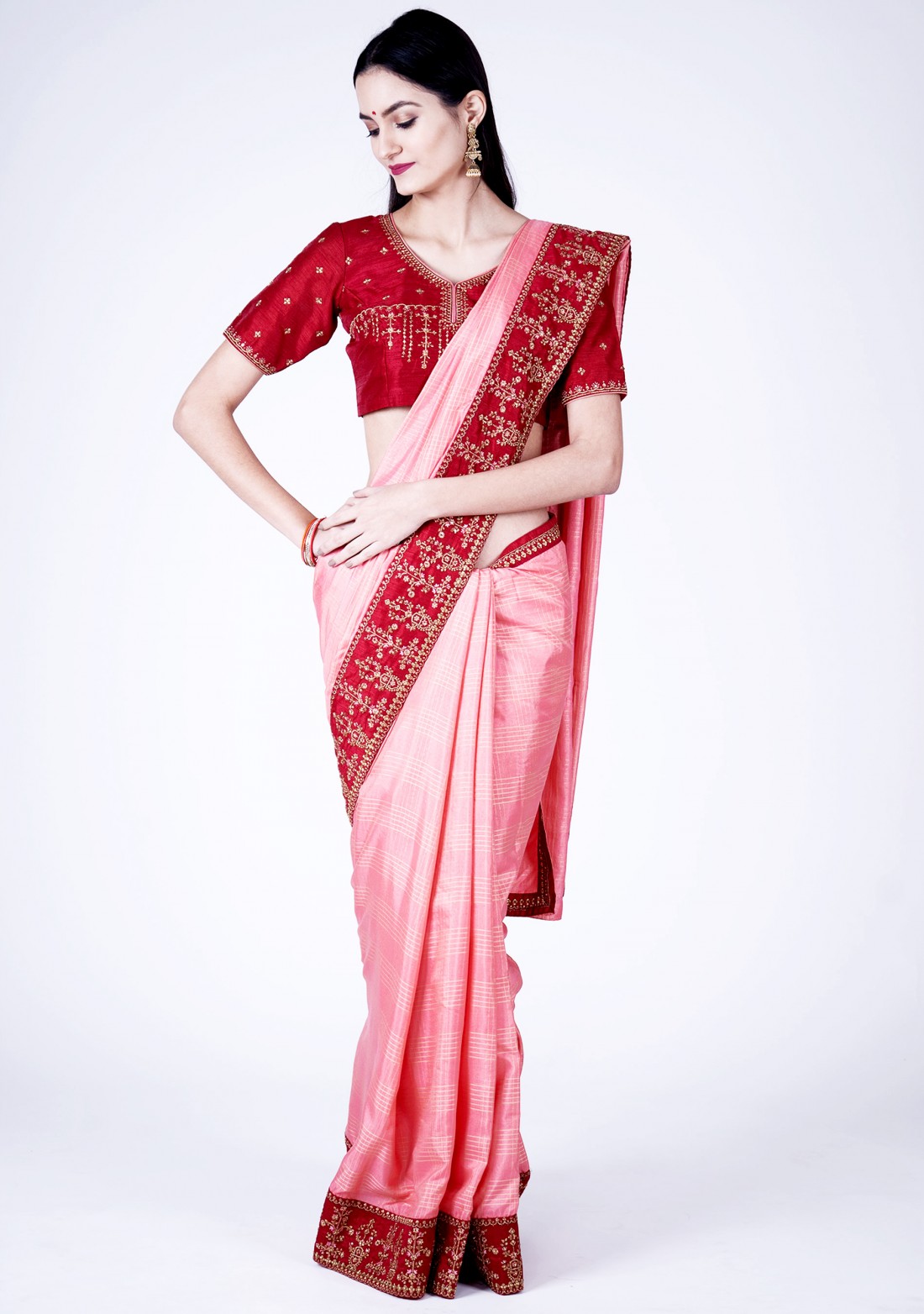 Salmon Pink Self Textured Silk Saree with Embroidered Border
