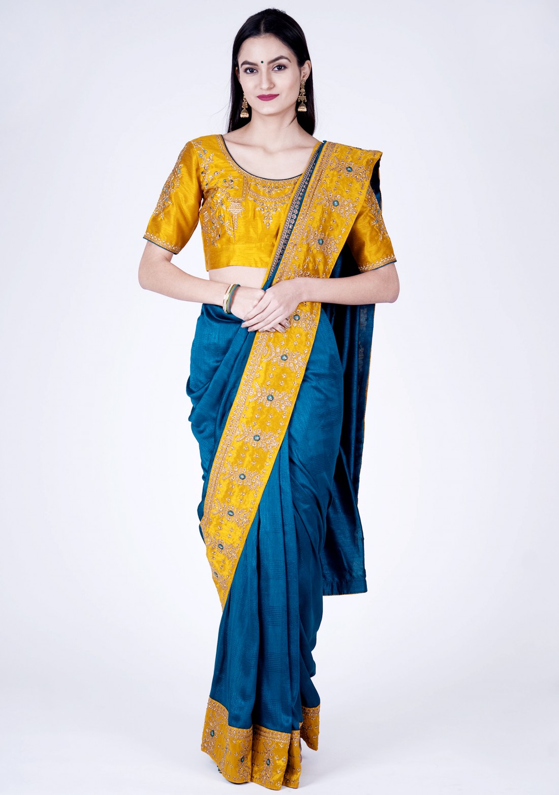 Prussian Blue Self Textured Silk Saree with Embroidered Border