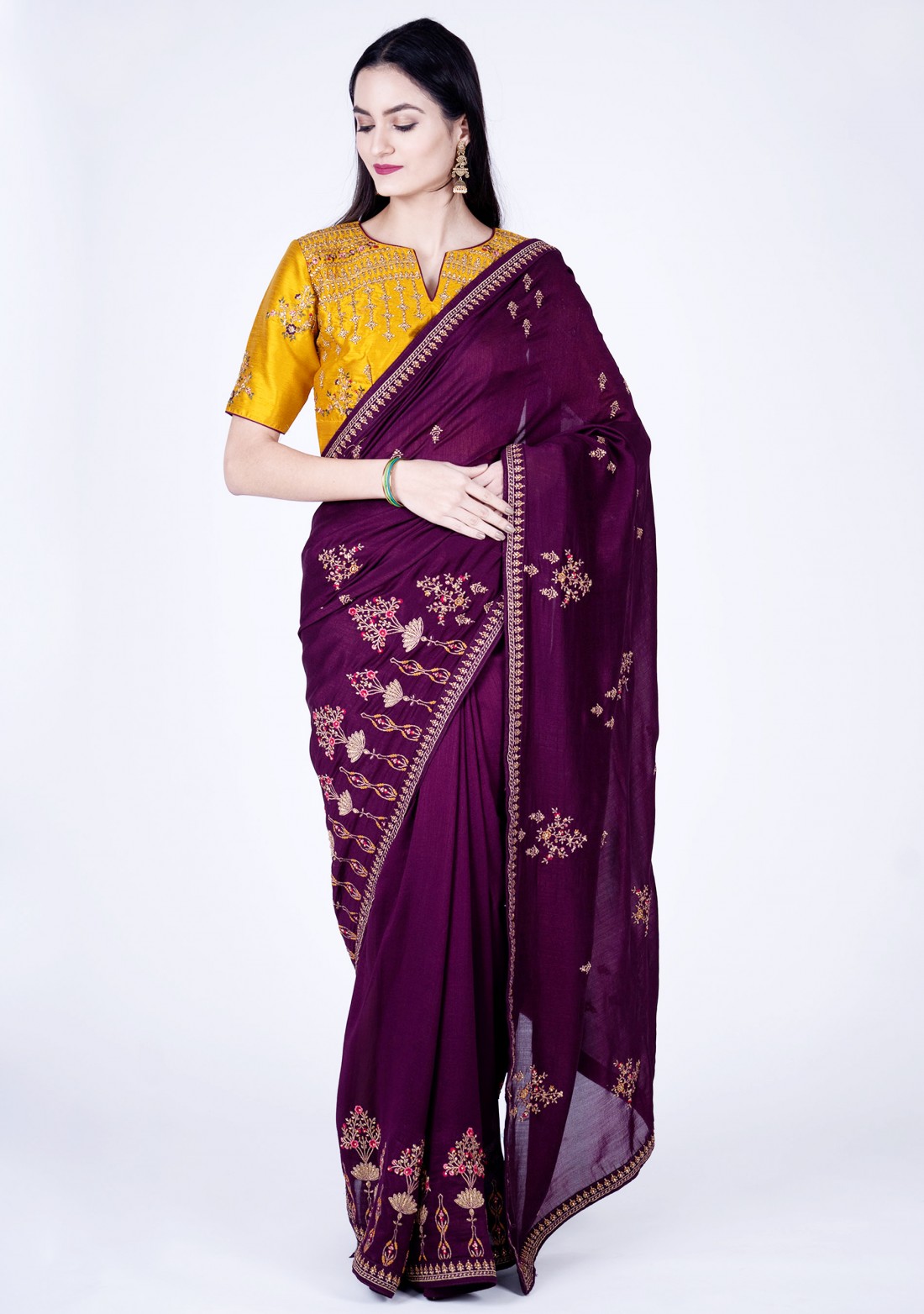 Dark Purple Self Textured Silk Saree with Embroidered Border