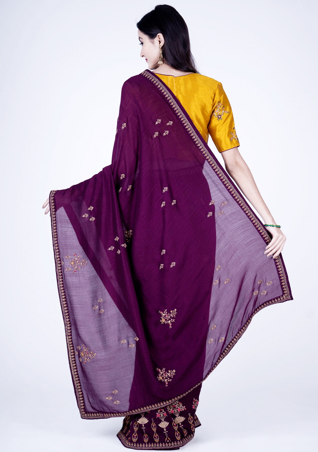Dark Purple Self Textured Silk Saree with Embroidered Border