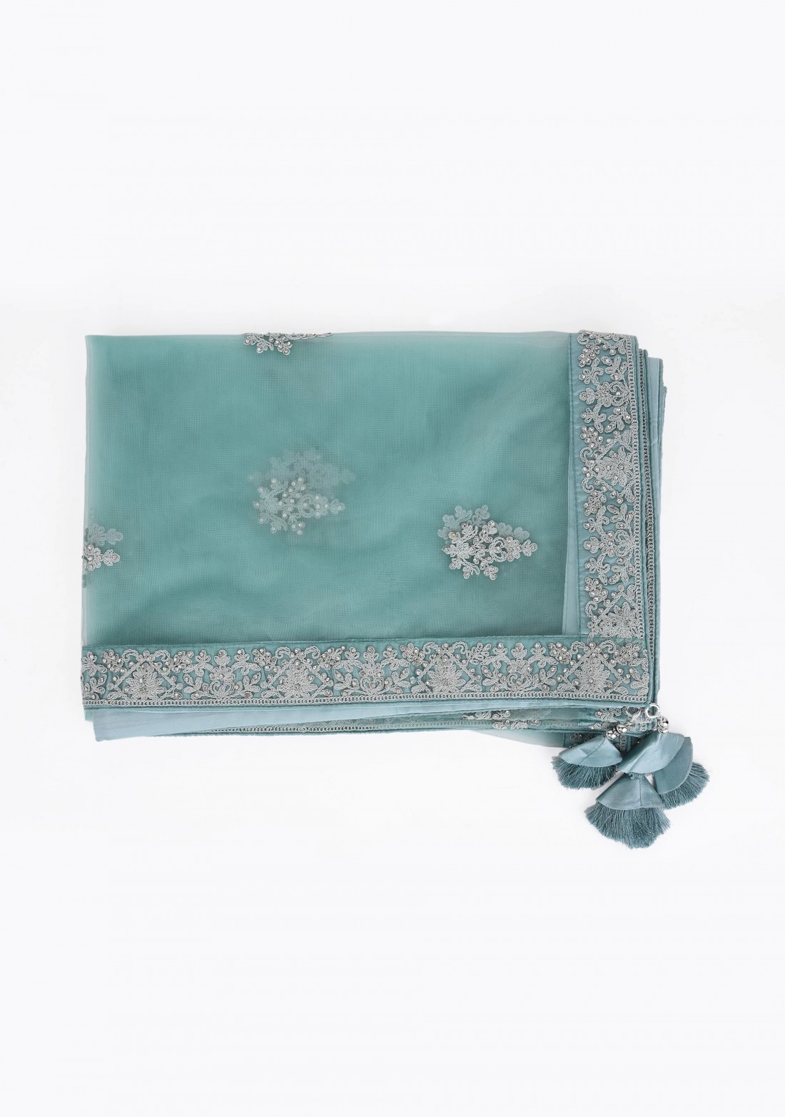 Light Turquoise Blue Heavy Cording Embroidered Net Indowestern Lehenga