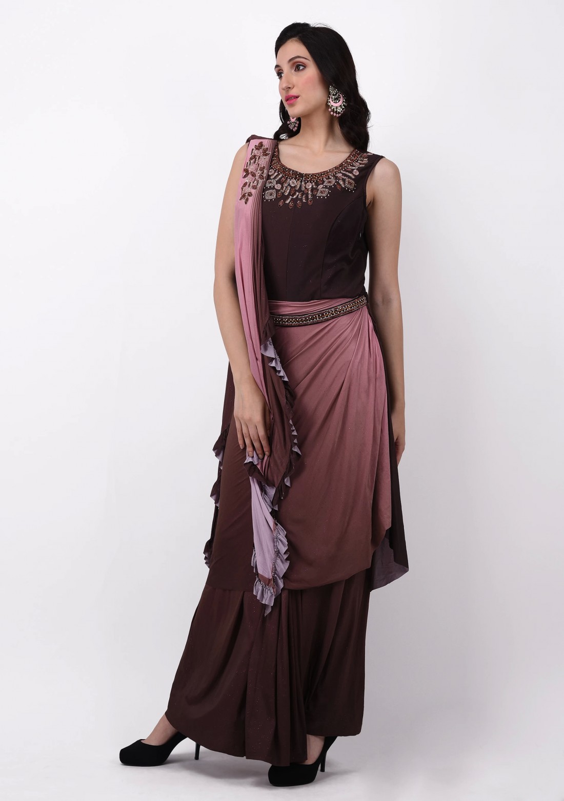 Wine and Rosy Pink Ready to Wear Embroidered Lycra Saree cum Gown