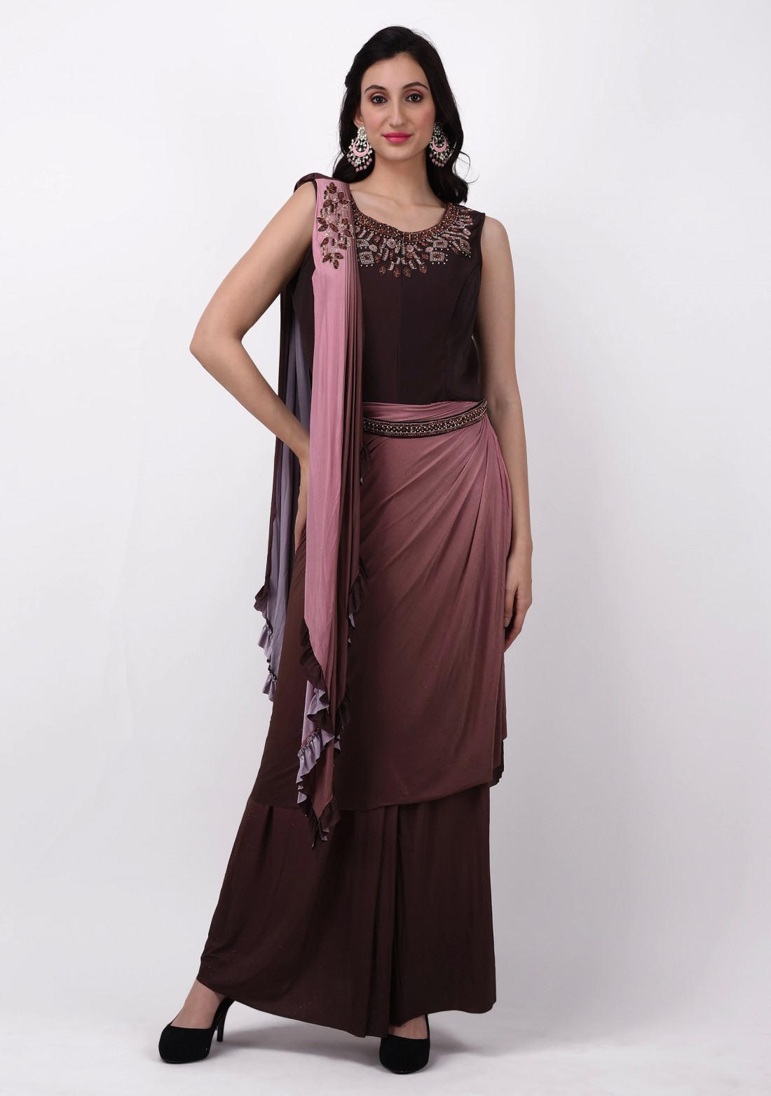 Wine and Rosy Pink Ready to Wear Embroidered Lycra Saree cum Gown