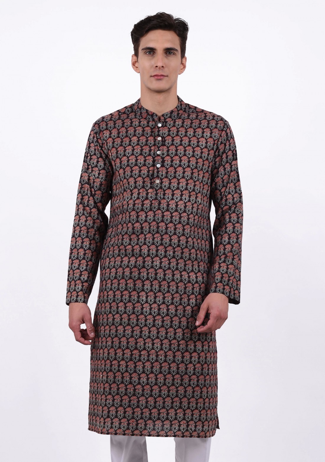 Multi Colour Block Printed Long Cotton Kurta