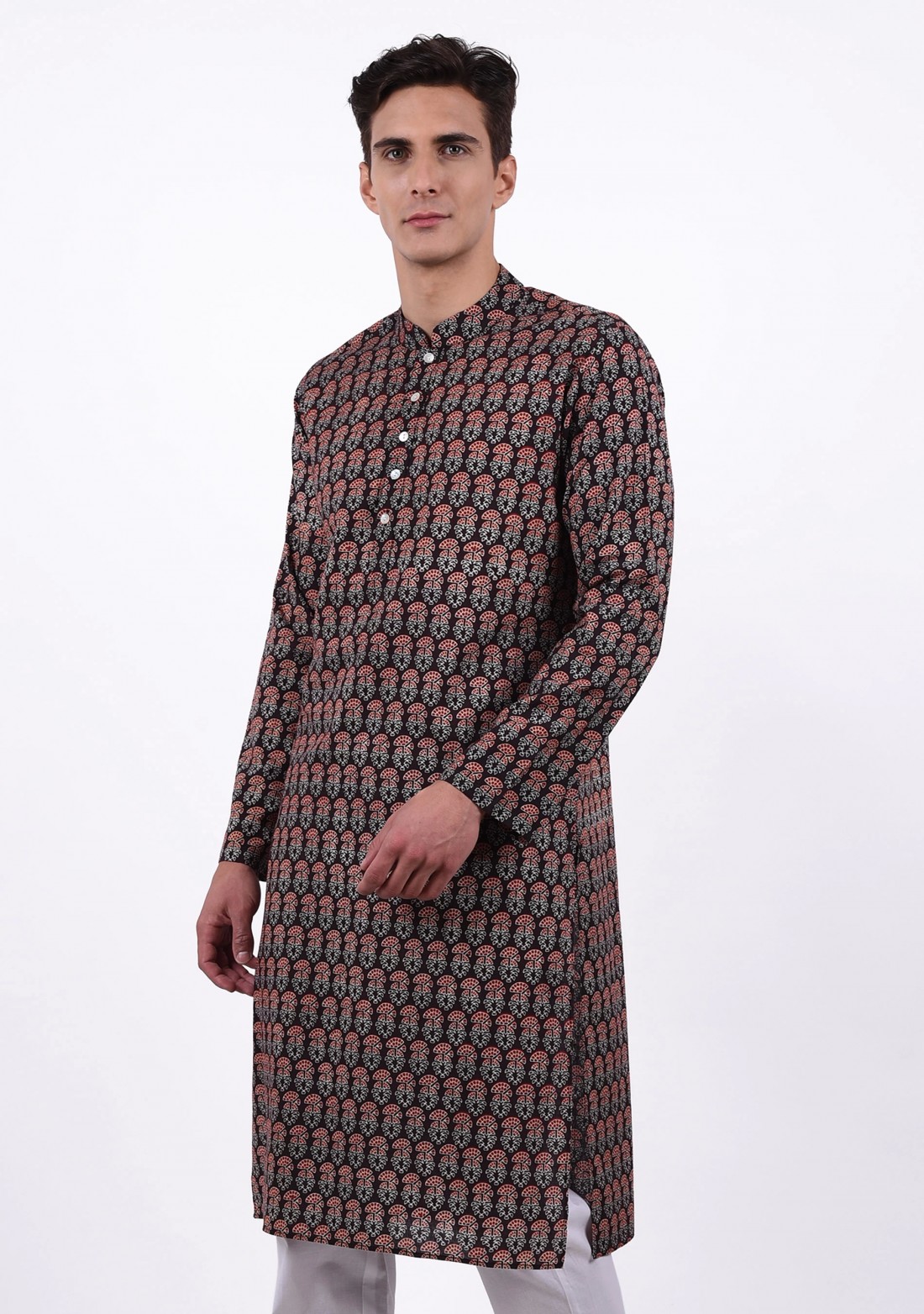 Multi Colour Block Printed Long Cotton Kurta