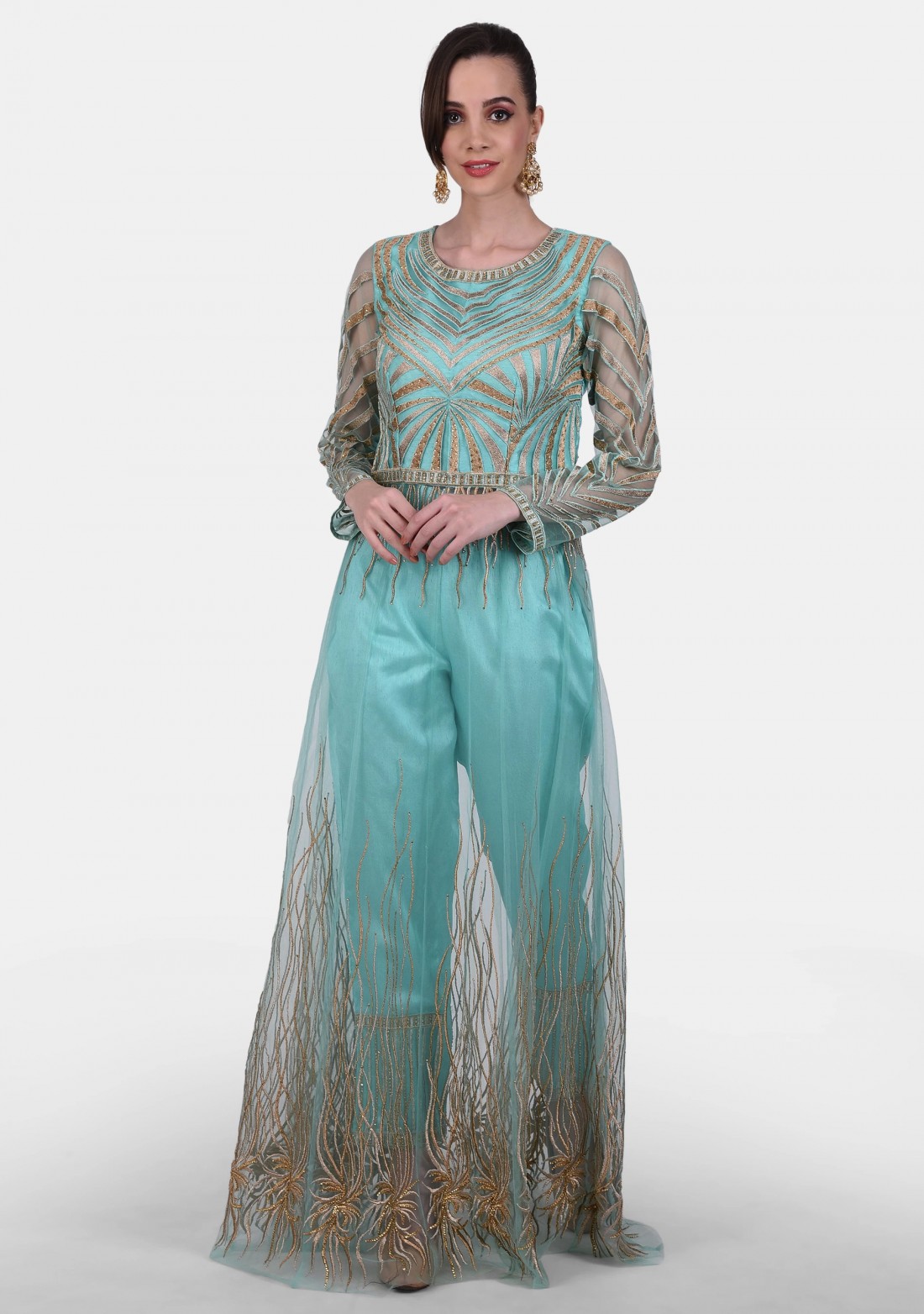 Aqua Green Embroidered Party Wear Set