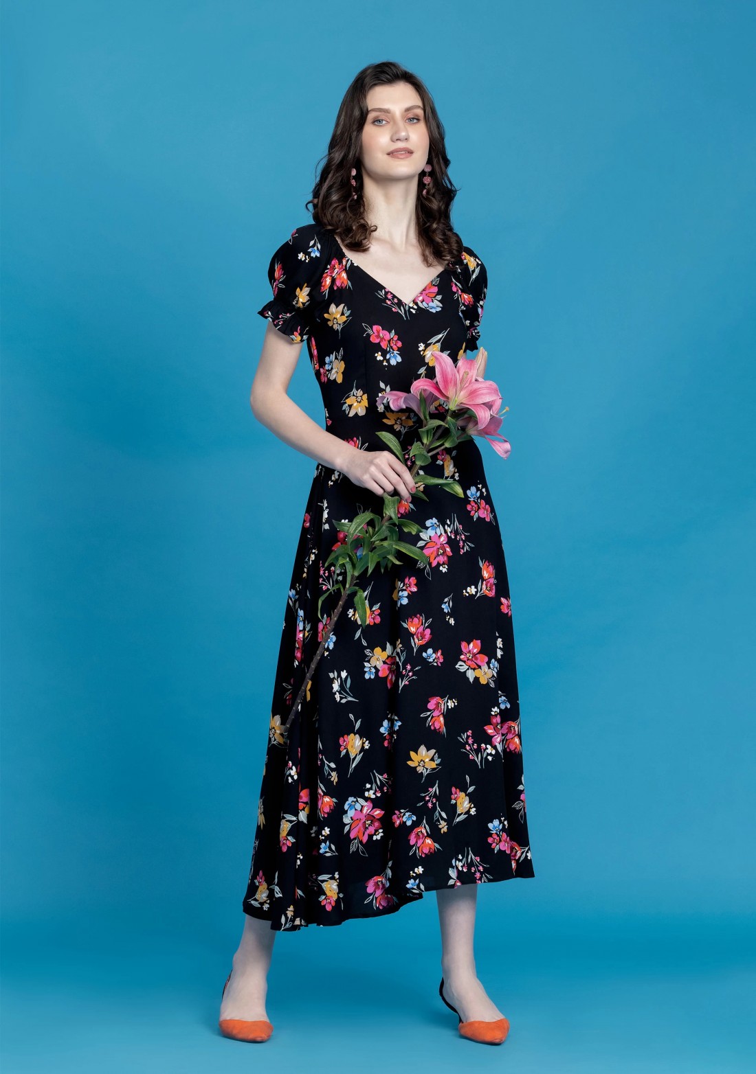 Black Floral Printed Rayon Midi Dress