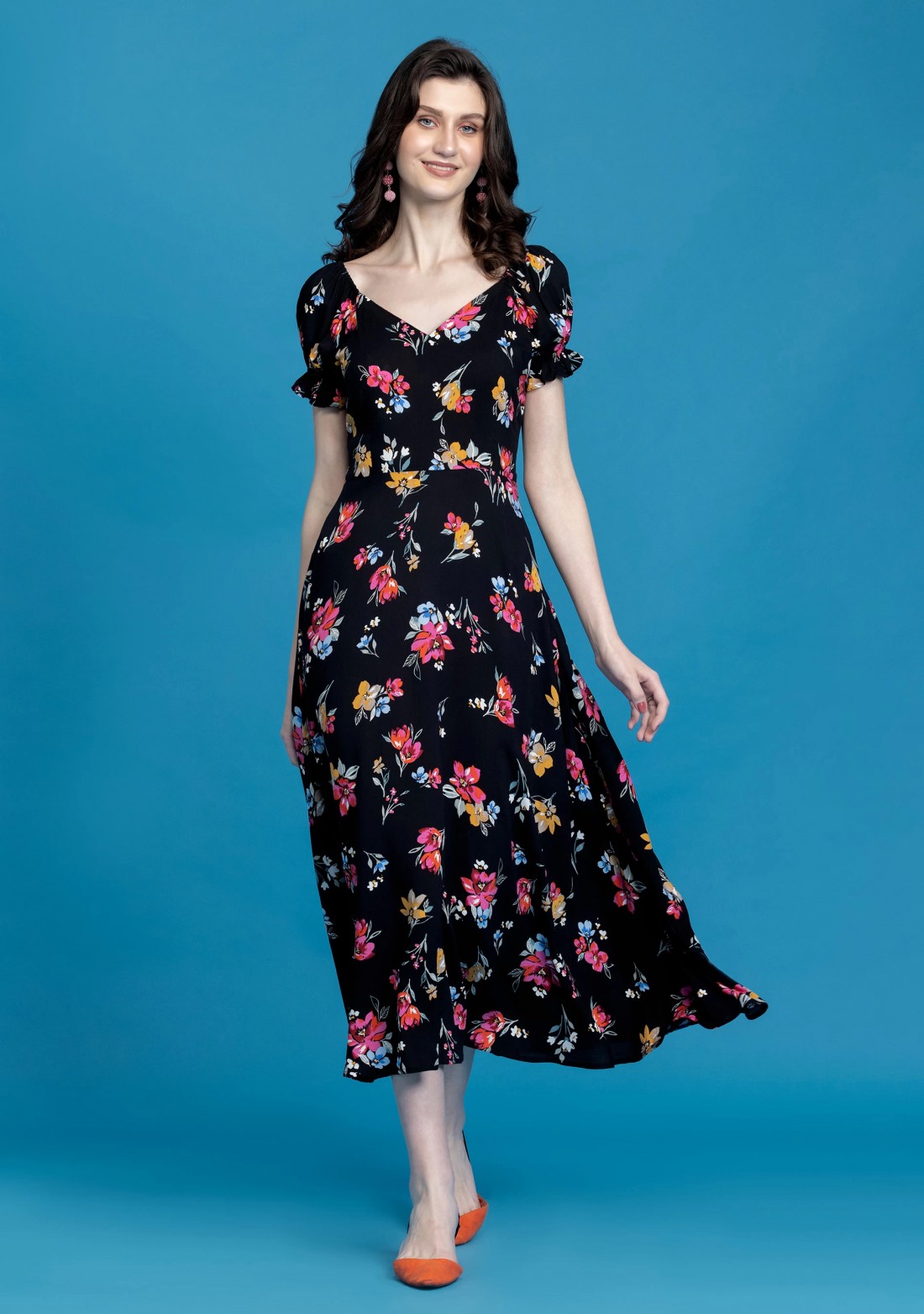 Black Floral Printed Rayon Midi Dress