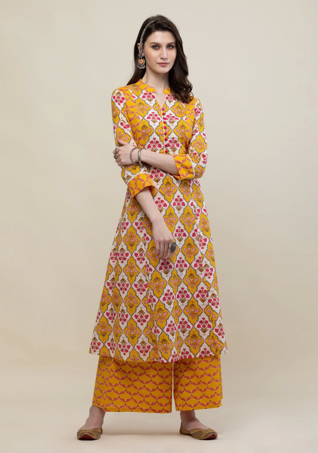 Yellow Multi-Colour Printed Cotton Flared Kurta Pant Set