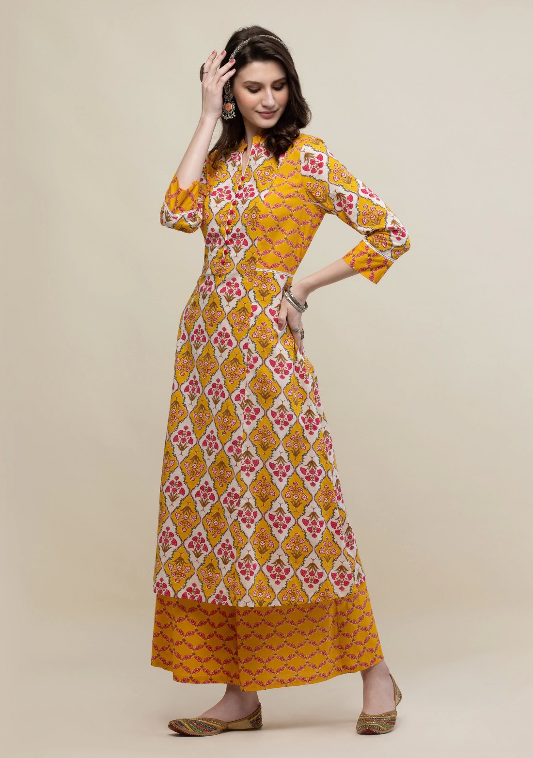 Yellow Multi-Colour Printed Cotton Flared Kurta Pant Set