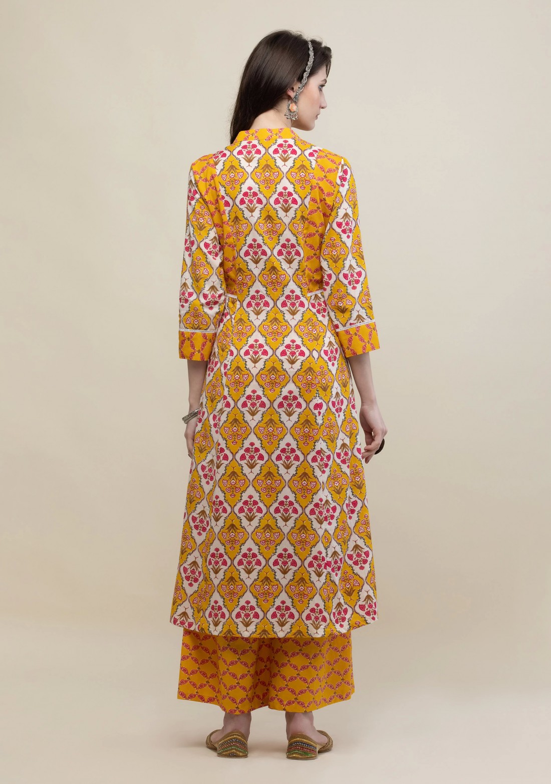 Yellow Multi-Colour Printed Cotton Flared Kurta Pant Set