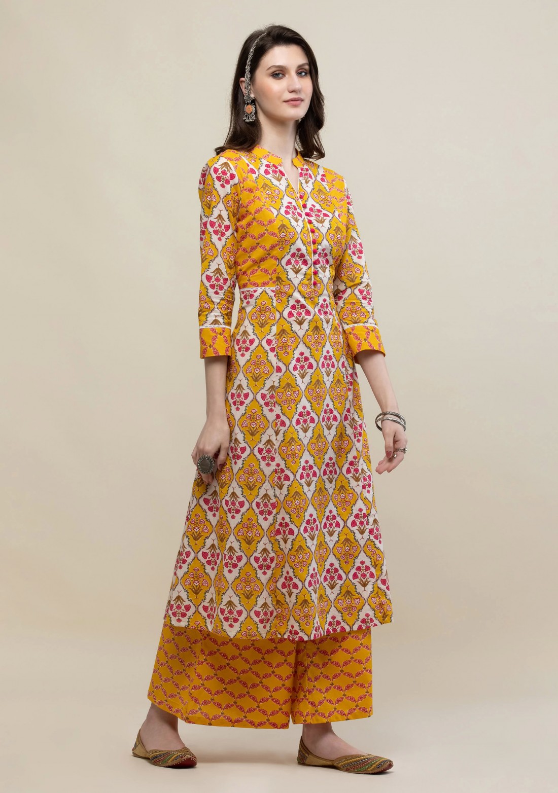 Yellow Multi-Colour Printed Cotton Flared Kurta Pant Set