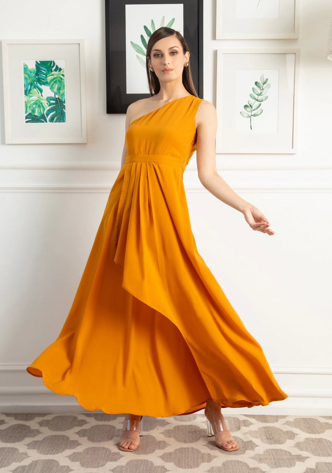 Mustard Yellow One Shoulder Draped Dress