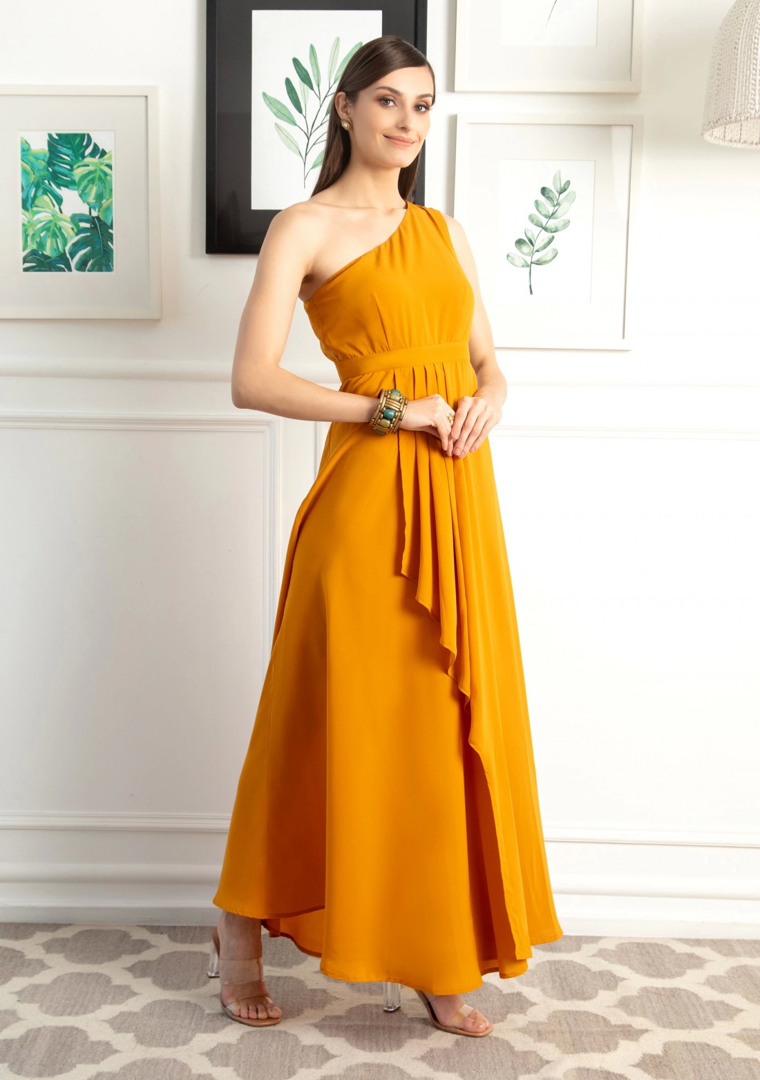 Mustard Yellow One Shoulder Draped Dress