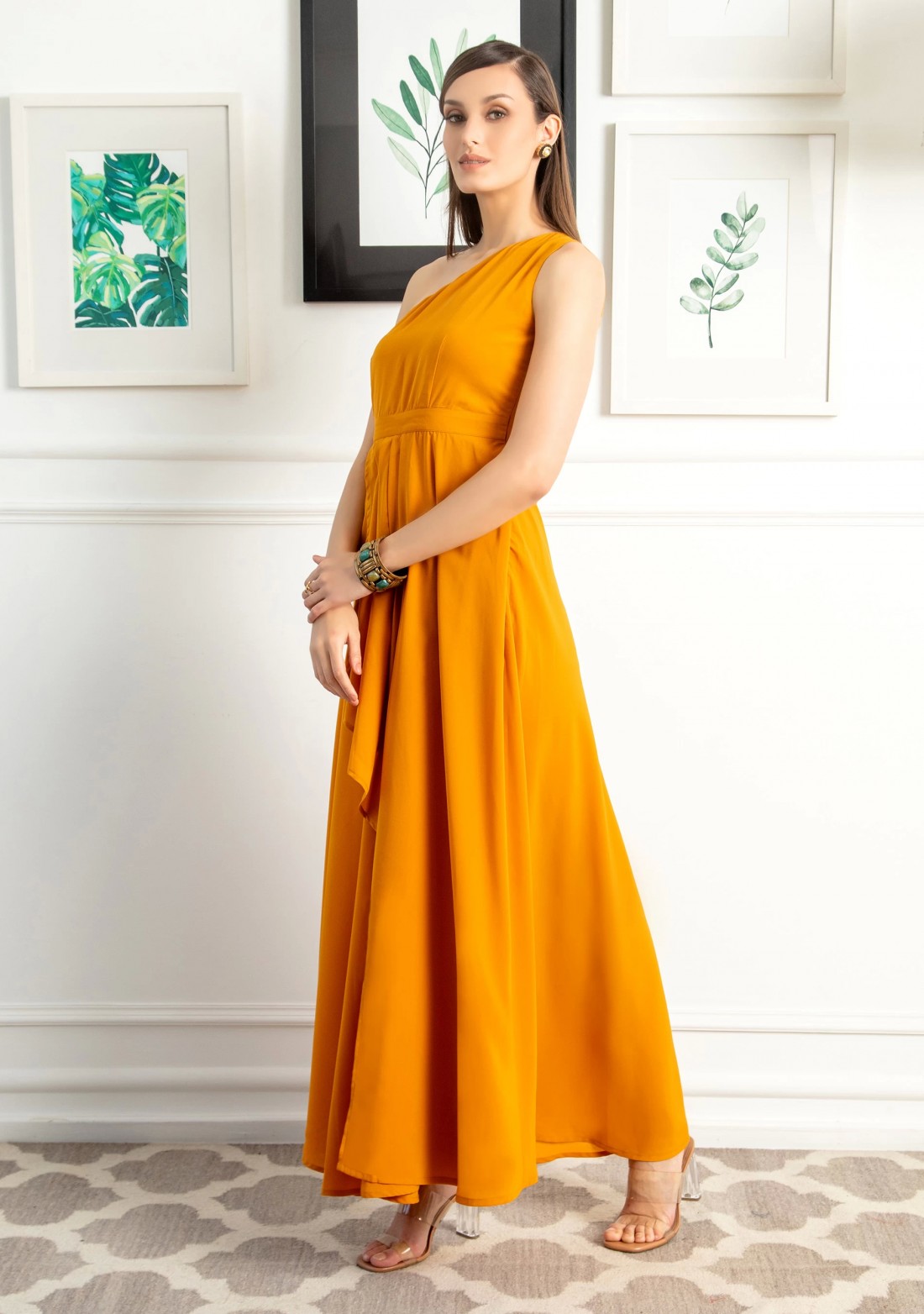 Mustard Yellow One Shoulder Draped Dress