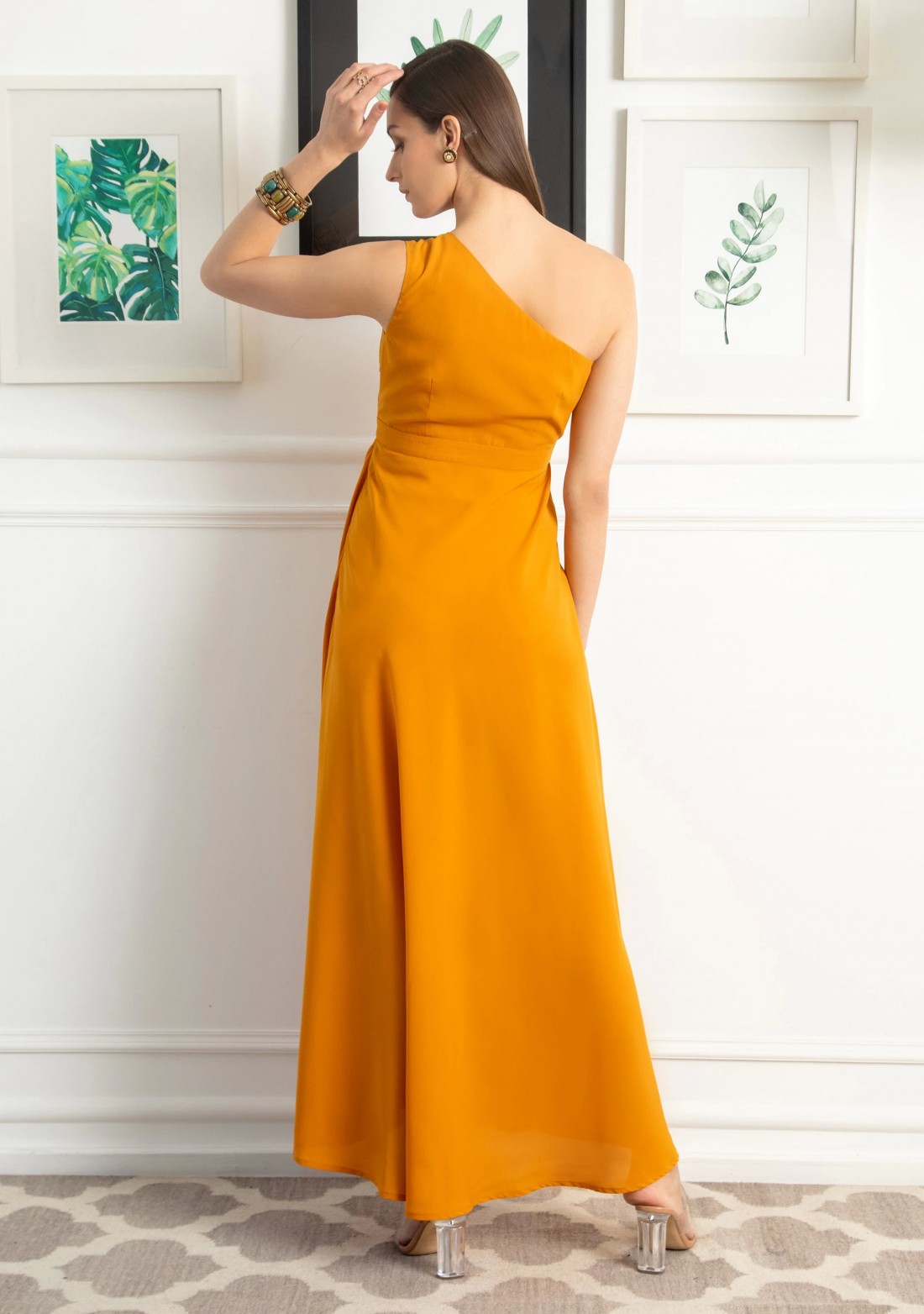 Mustard Yellow One Shoulder Draped Dress