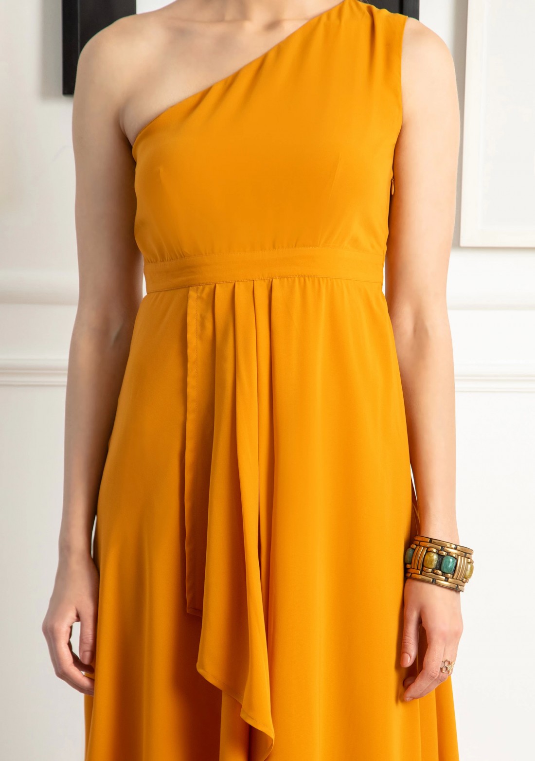 Mustard Yellow One Shoulder Draped Dress