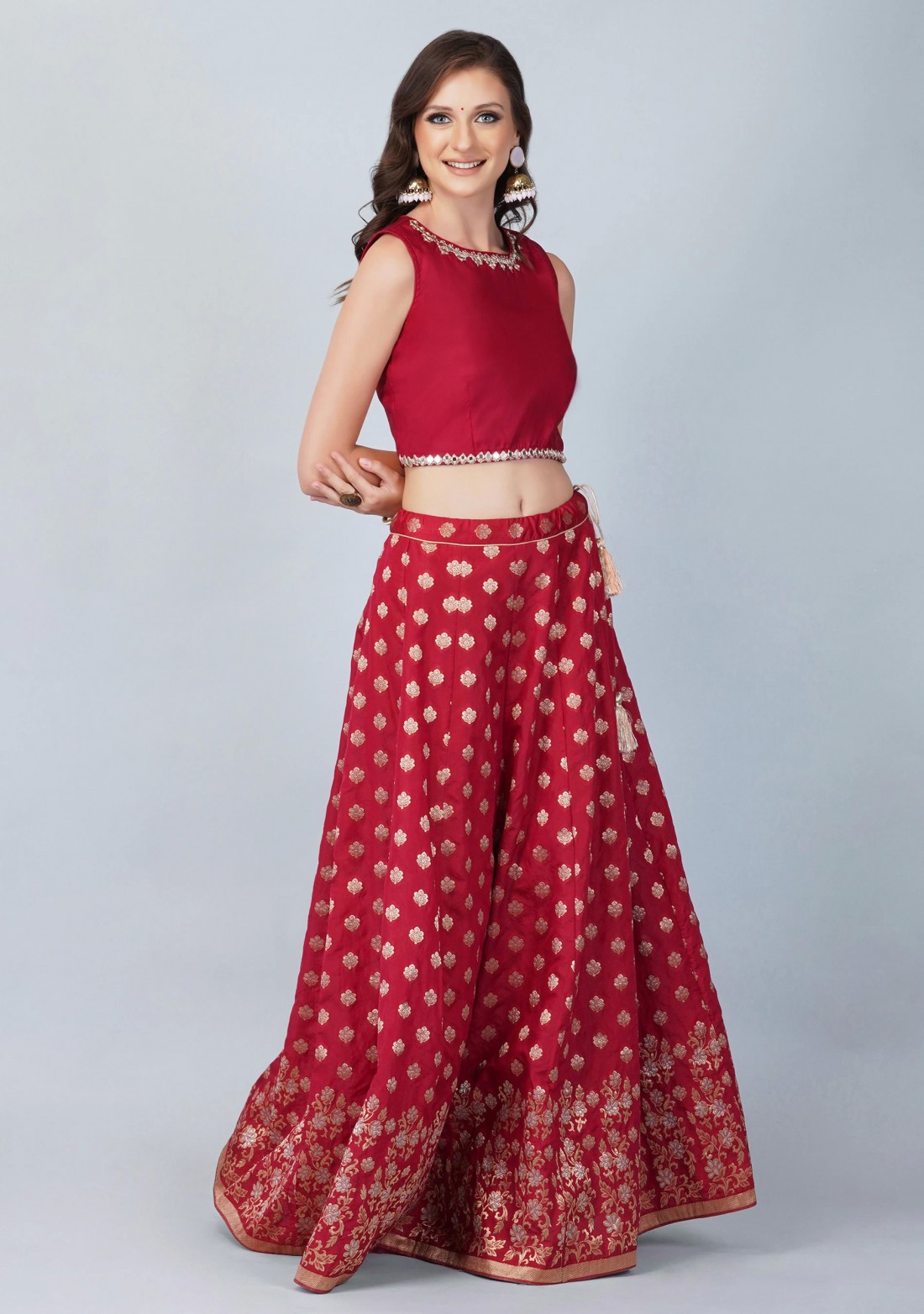 Maroon Silk Embroidered Top with Silk Jacquard Skirt And Dupatta