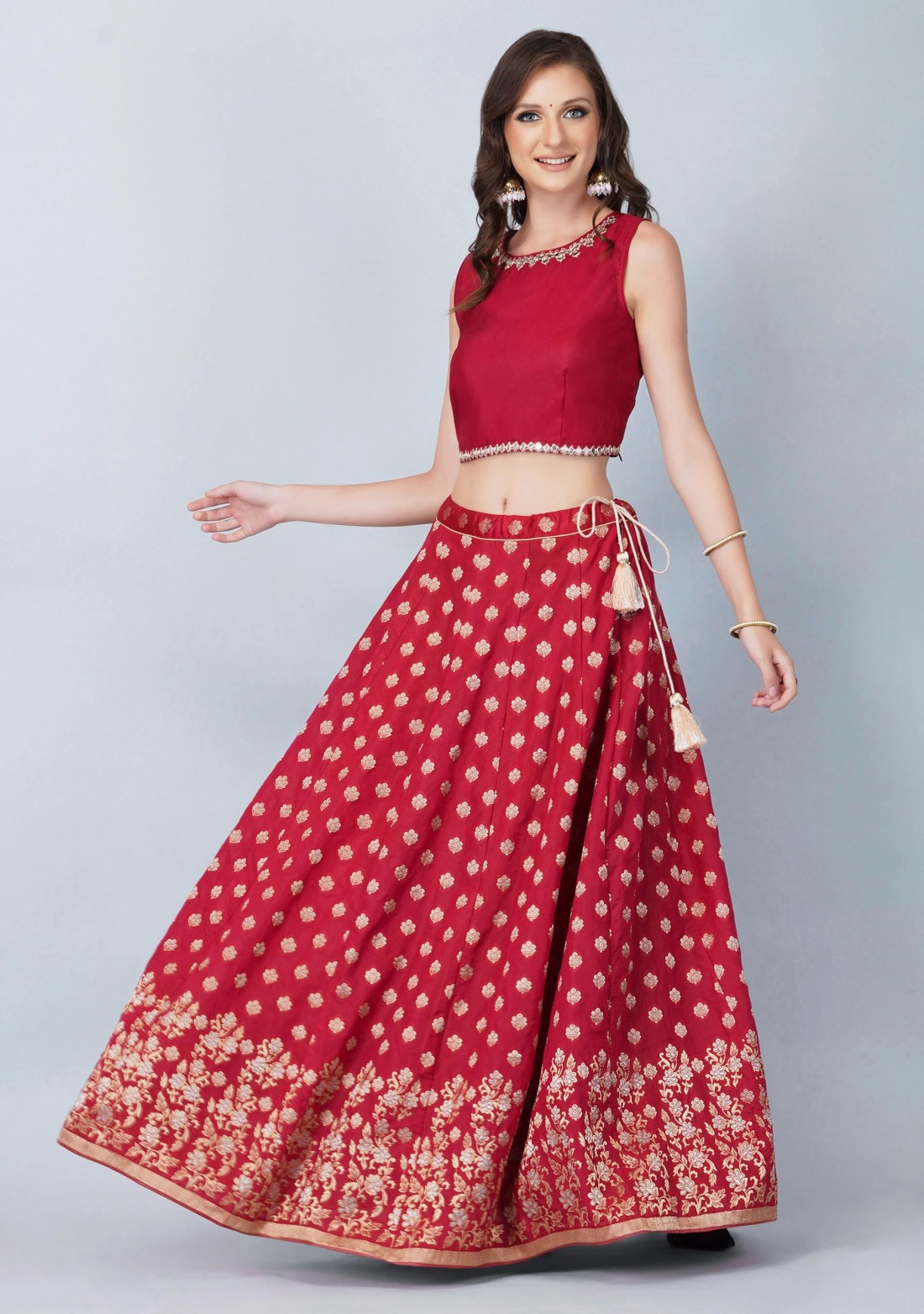 Maroon Silk Embroidered Top with Silk Jacquard Skirt And Dupatta