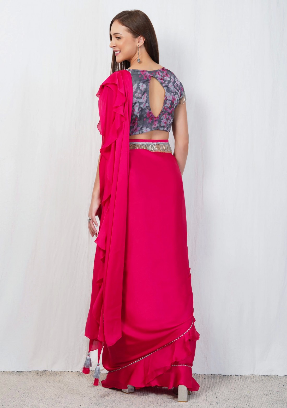 Hot Pink Satin Chiffon Ruffle Saree with Organza Printed Blouse