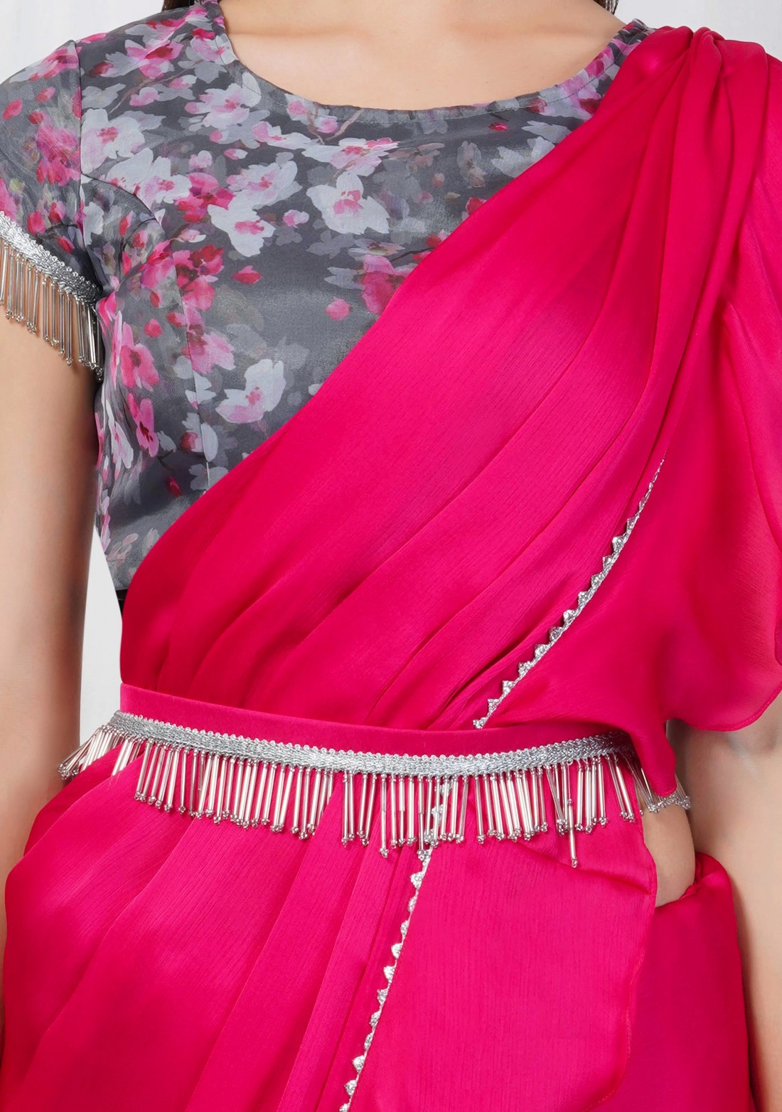 Hot Pink Satin Chiffon Ruffle Saree with Organza Printed Blouse