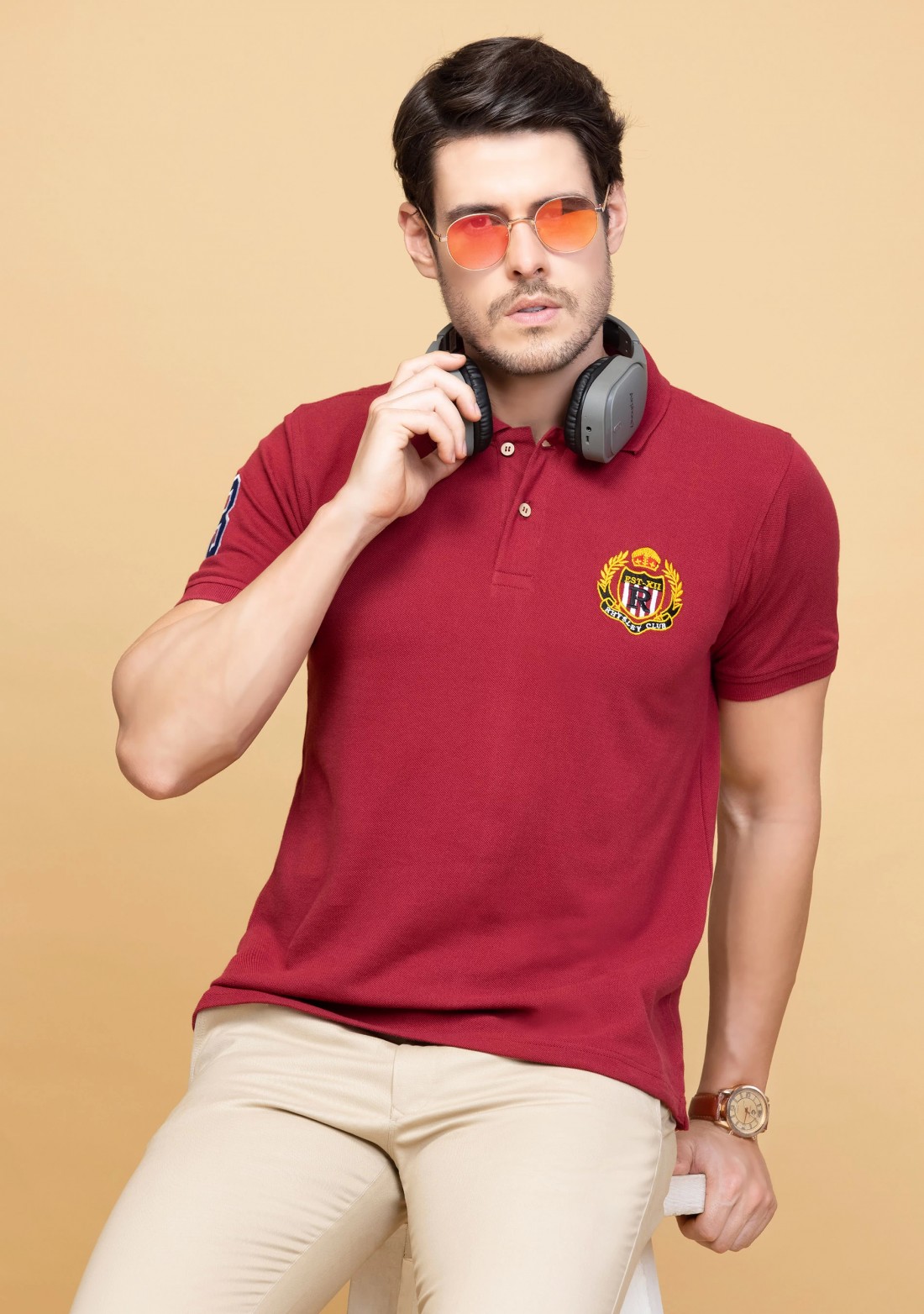 Men's Regular Fit Maroon Embroidered Polo Collar T-Shirt