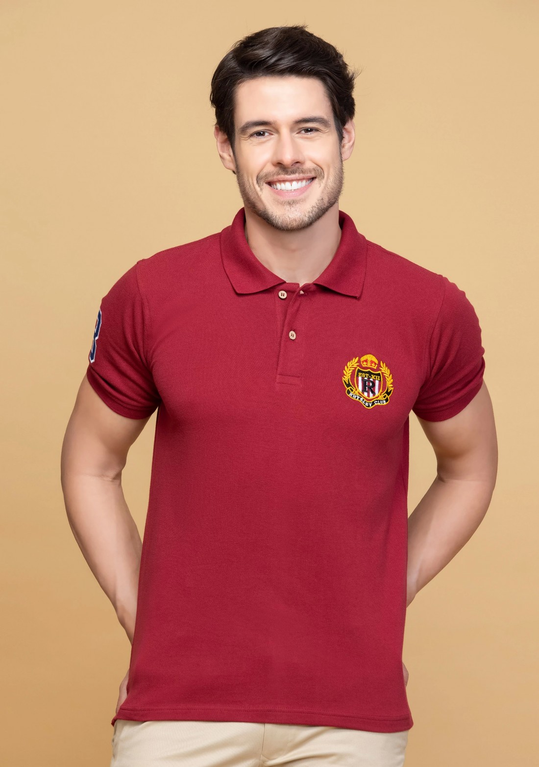 Men's Regular Fit Maroon Embroidered Polo Collar T-Shirt