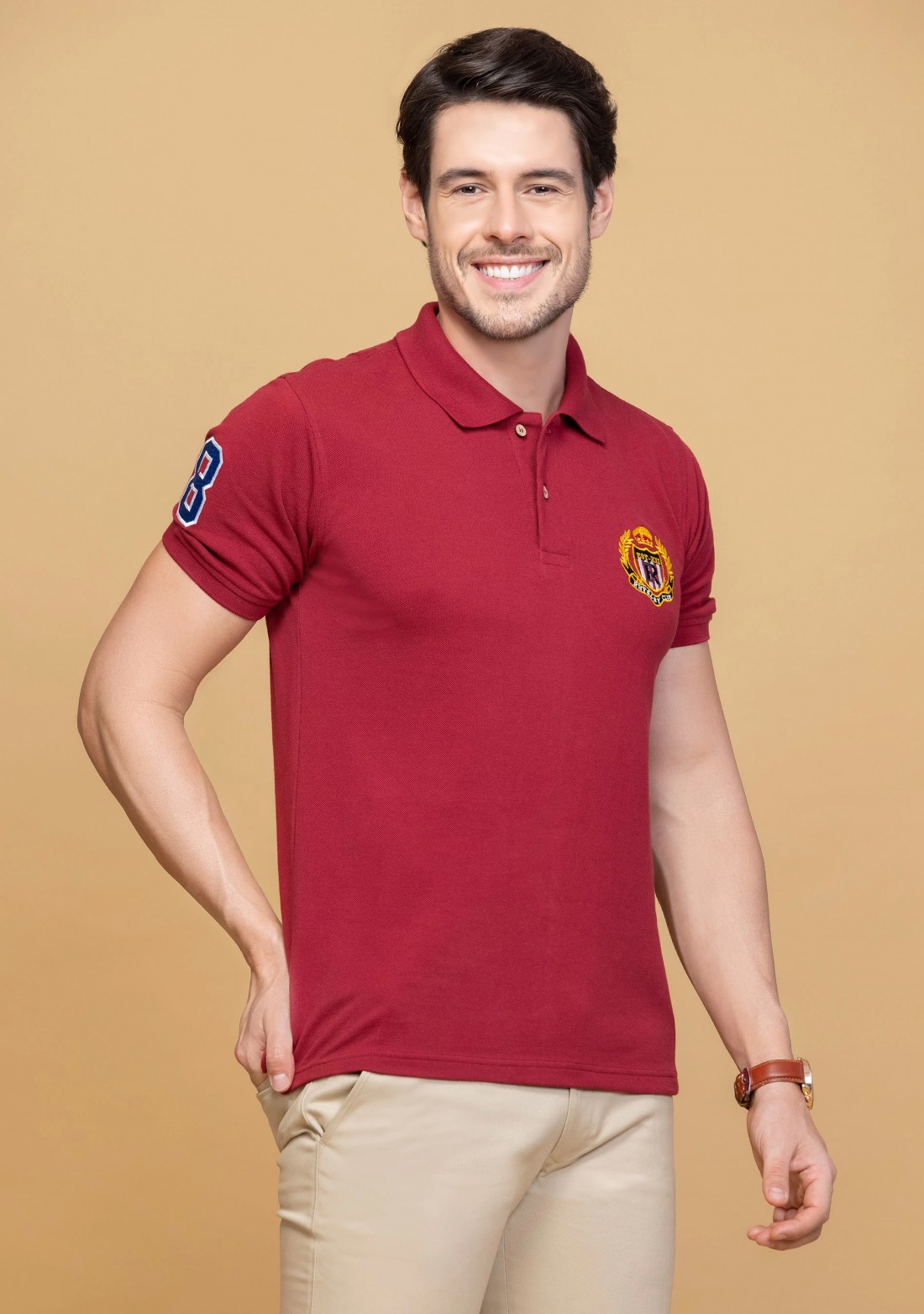 Men's Regular Fit Maroon Embroidered Polo Collar T-Shirt